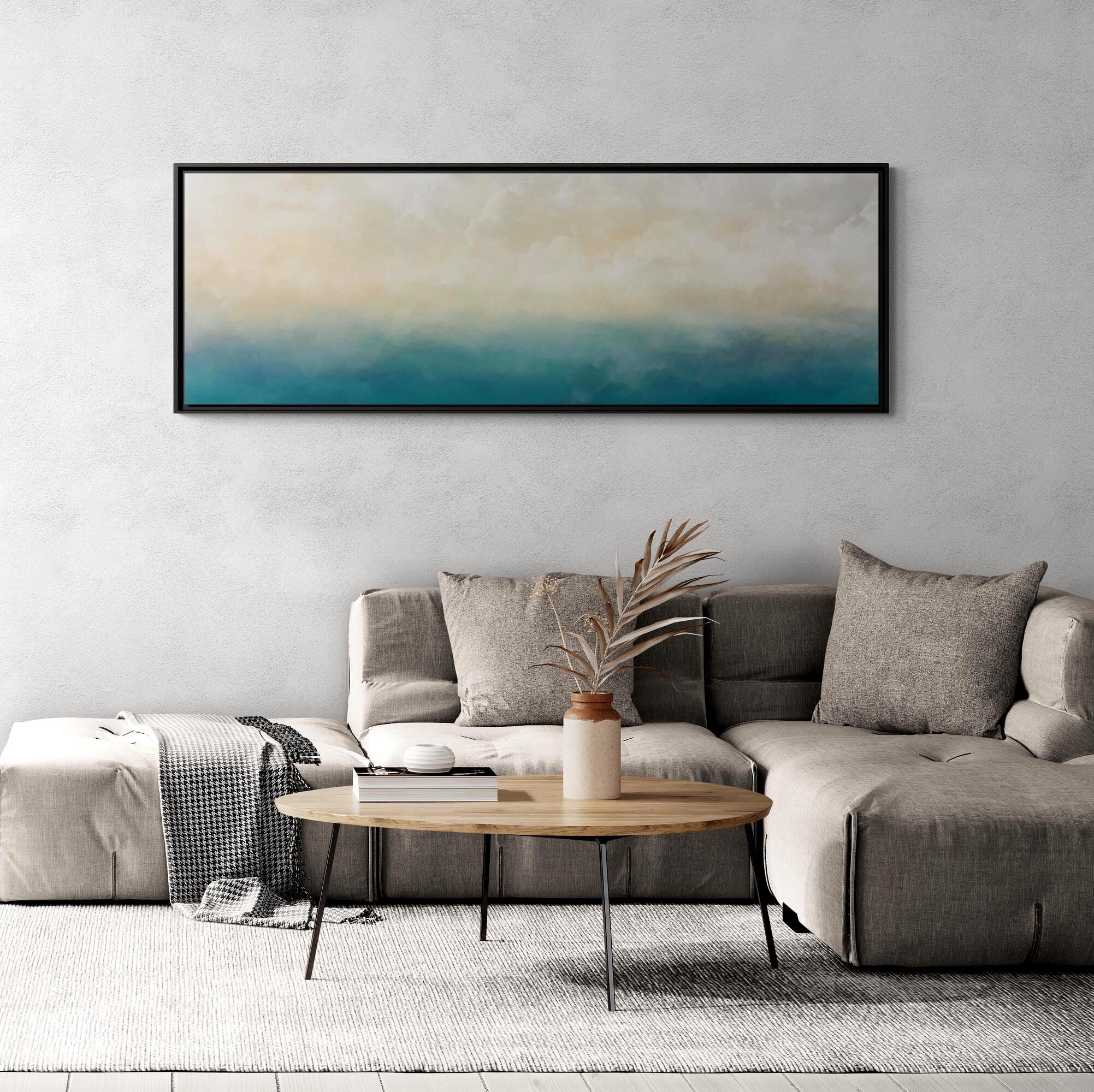 Abstrakte Wandkunst auf Leinwand in Petrol und Ozeanblau – Gerahmt