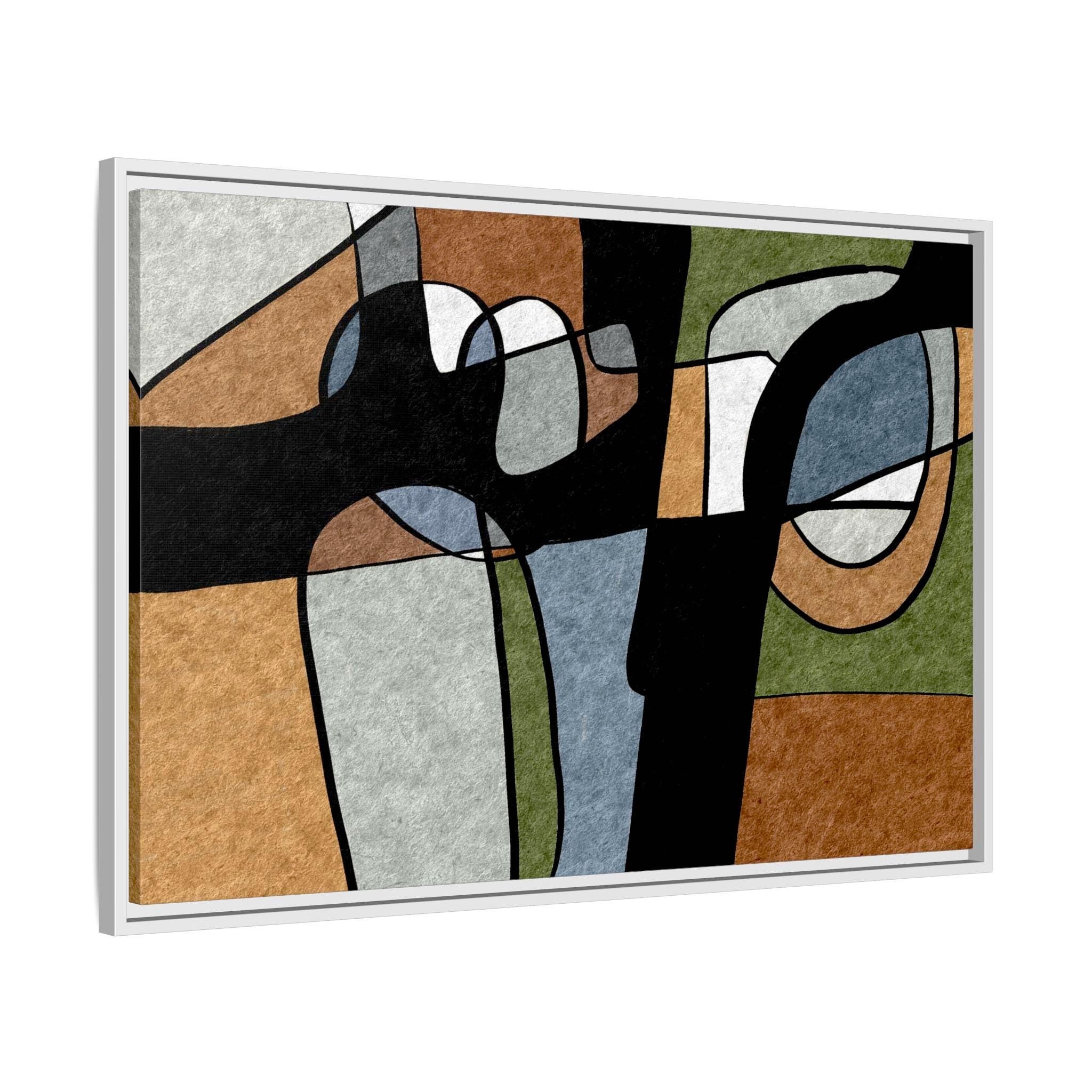 Abstrakte Geometrische Linienkunst – Farbblöcke im Mid-Century-Stil – Gerahmtes Leinwandbild