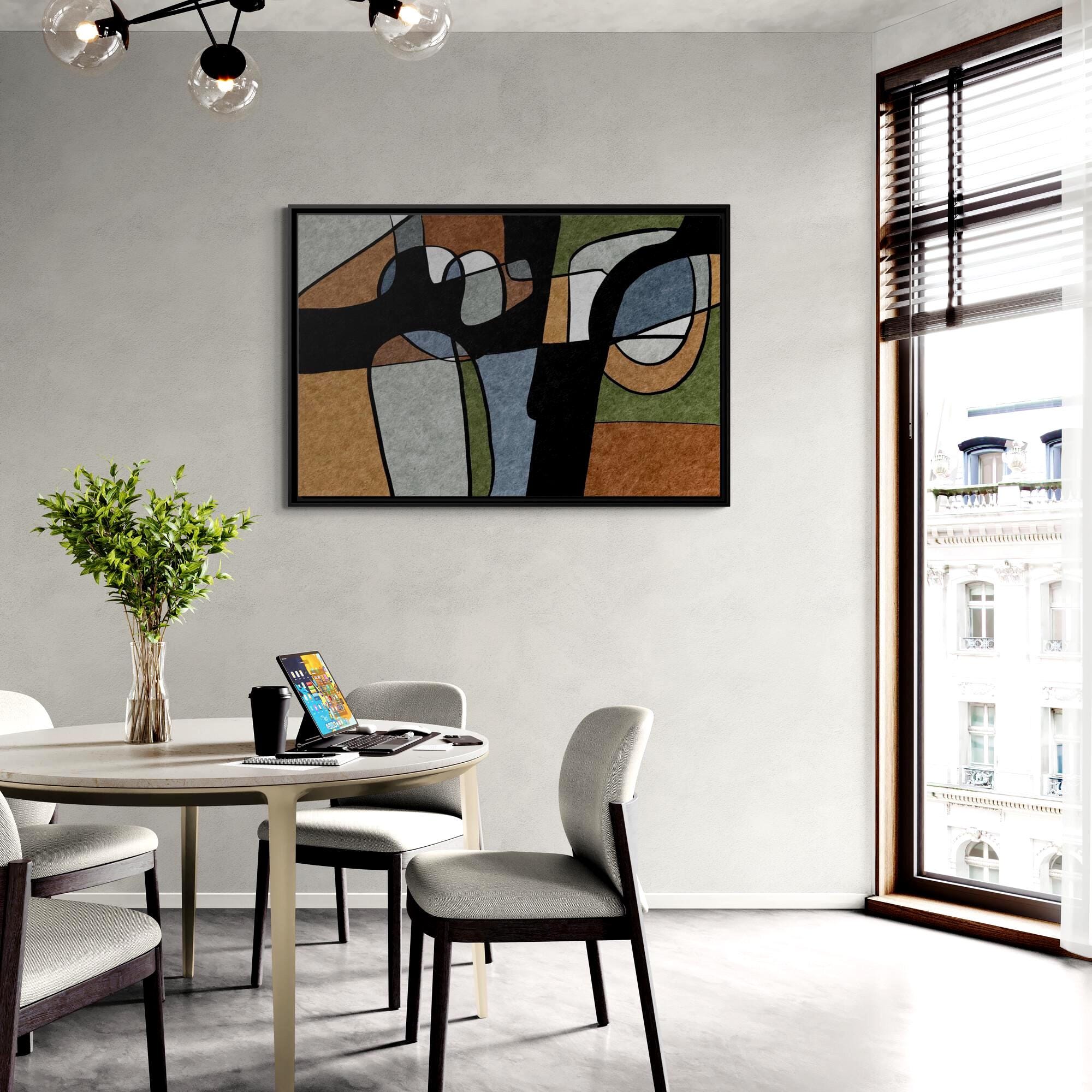 Abstrakte Geometrische Linienkunst – Farbblöcke im Mid-Century-Stil – Gerahmtes Leinwandbild