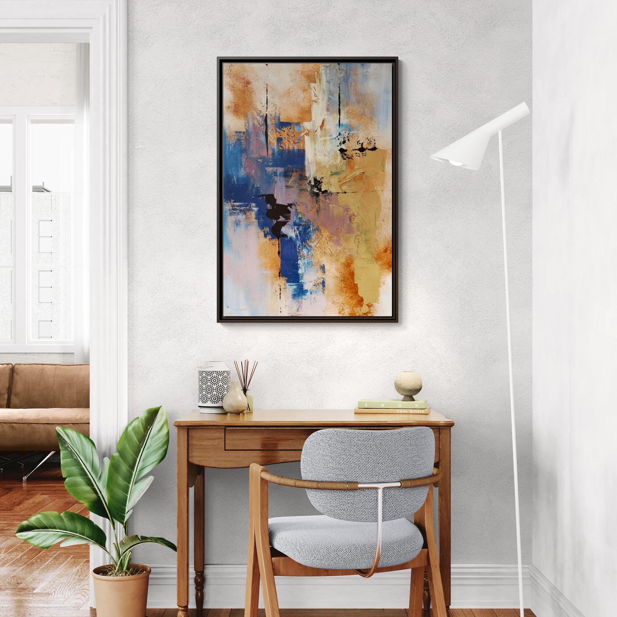 Burnt Orange and Blue Abstract Landscape Art - Framed Canvas Wall Art