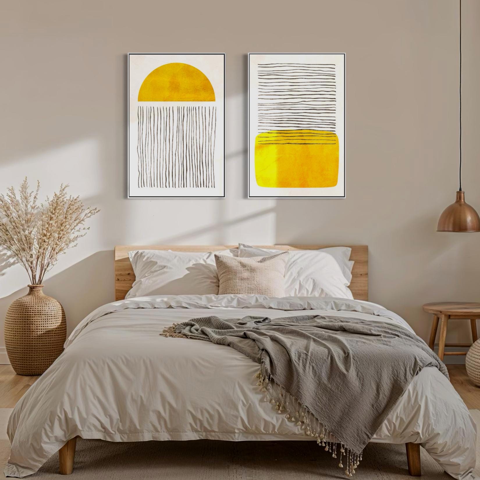 Diptychon Minimalistische abstrakte gelbe Formen Wandkunst – Gerahmte Leinwand-Wandkunst – 2er-Set