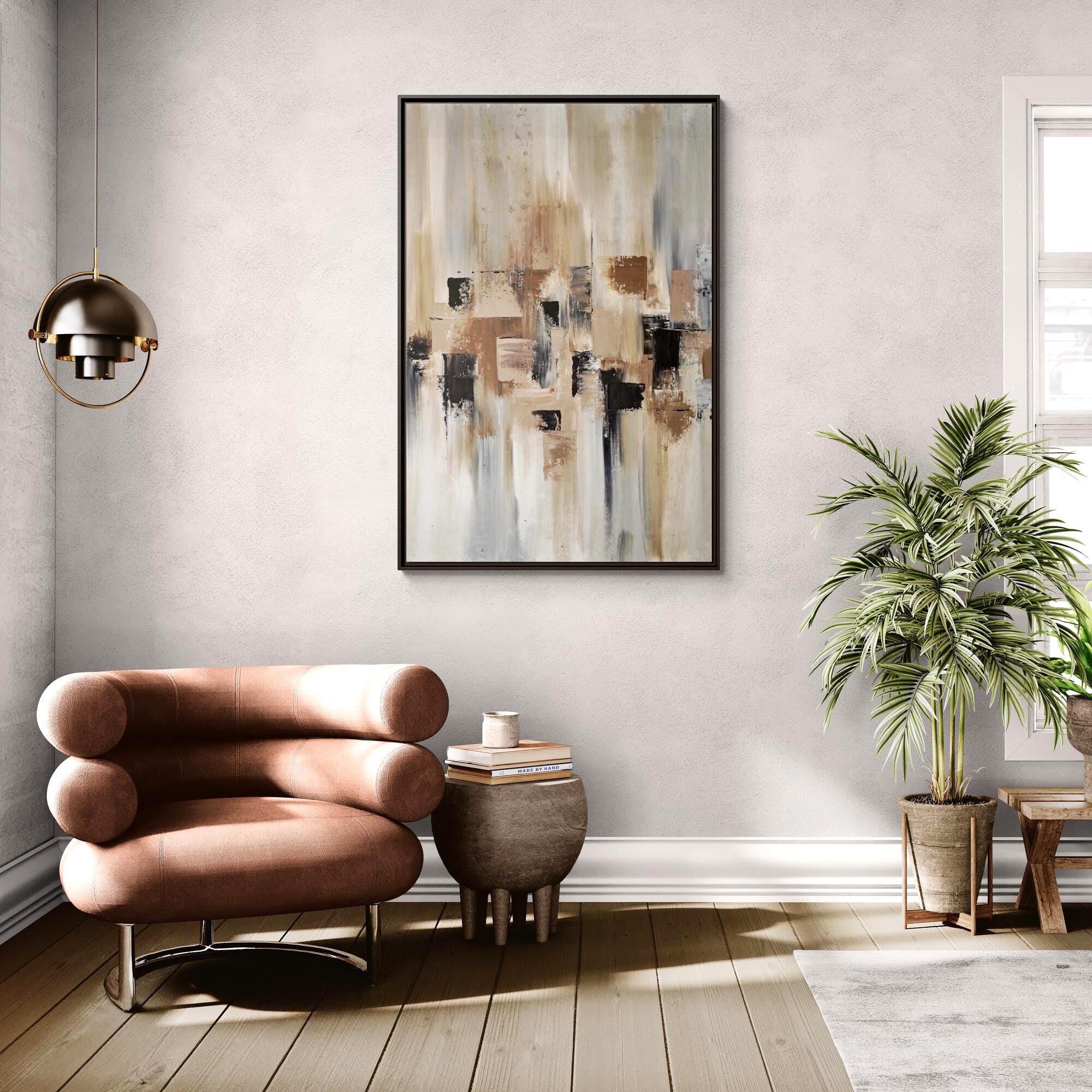Neutral Beige, Brown and Gray Abstract - Framed Canvas Wall Art