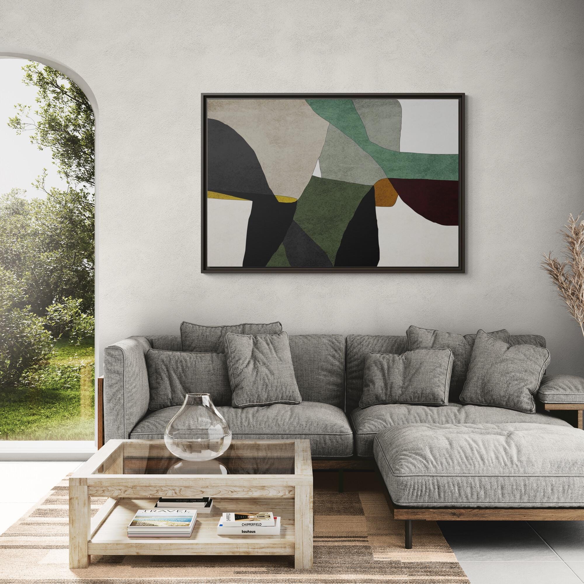 Green, Gray and Beige Abstract Color Block Framed Canvas Art