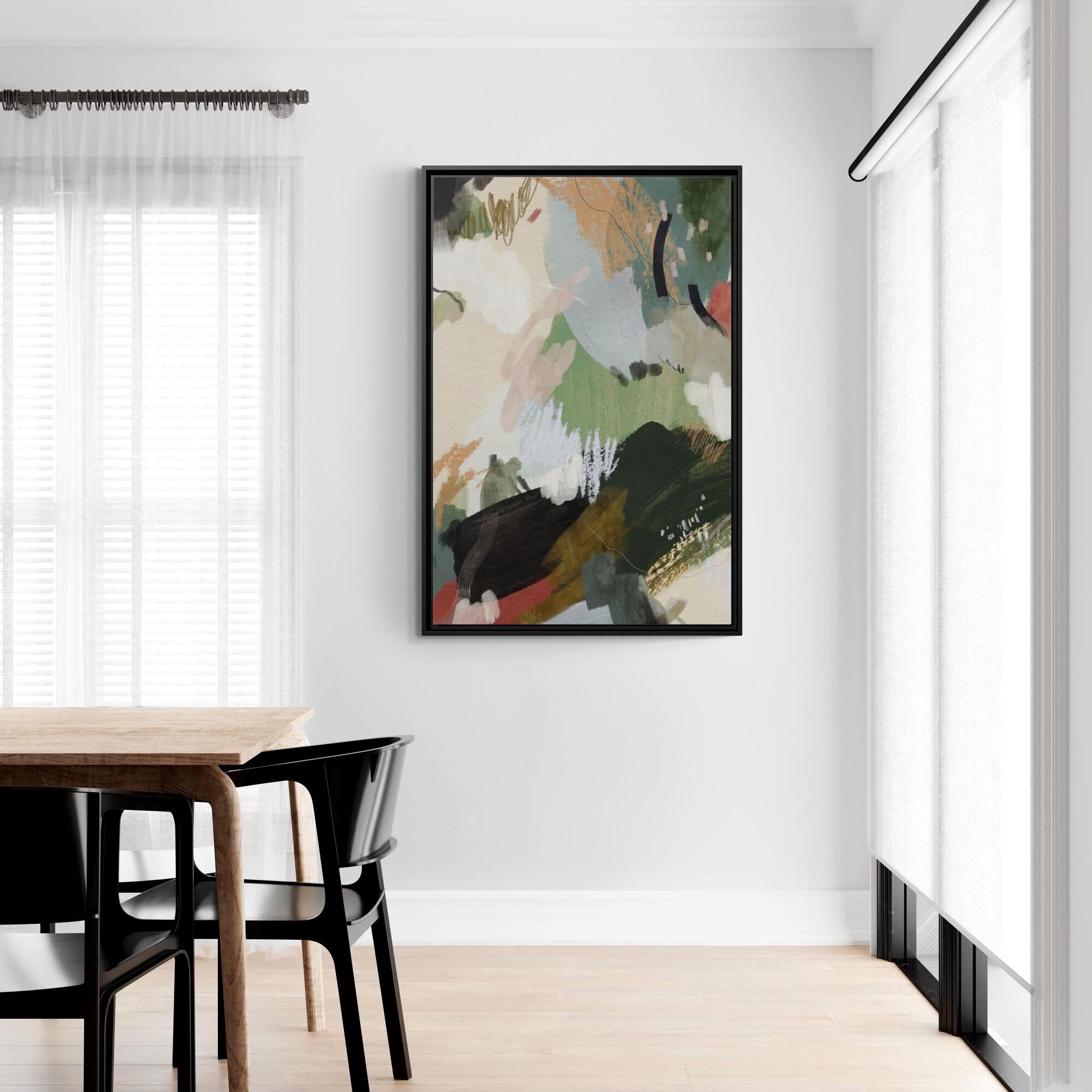 Green, Beige and Blush Abstract Brushstroke Art - Framed Canvas Wall Art