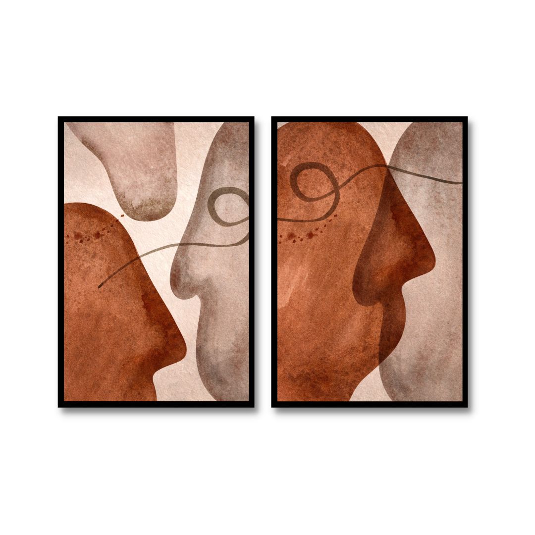 Diptych Mid Century Abstract Faces Wall Art - Set of 2
