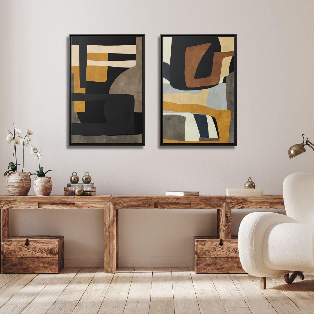 Diptych Senf, Blau und Grau Geometrische Kunst – Gerahmte Leinwandbilder – 2er-Set