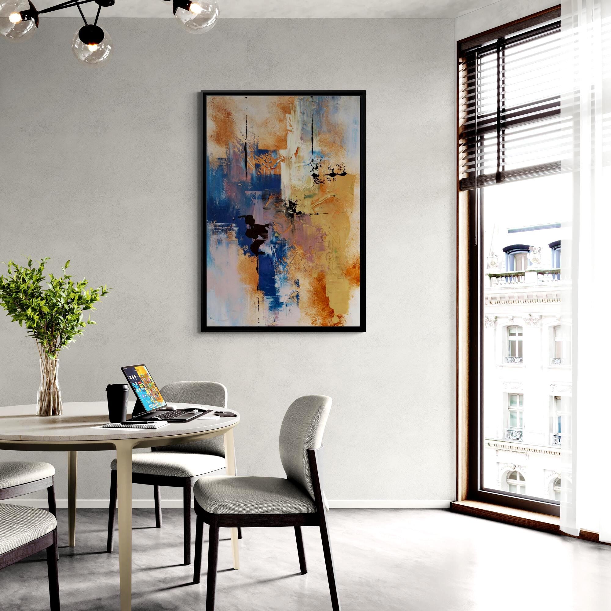 Burnt Orange and Blue Abstract Landscape Art - Framed Canvas Wall Art