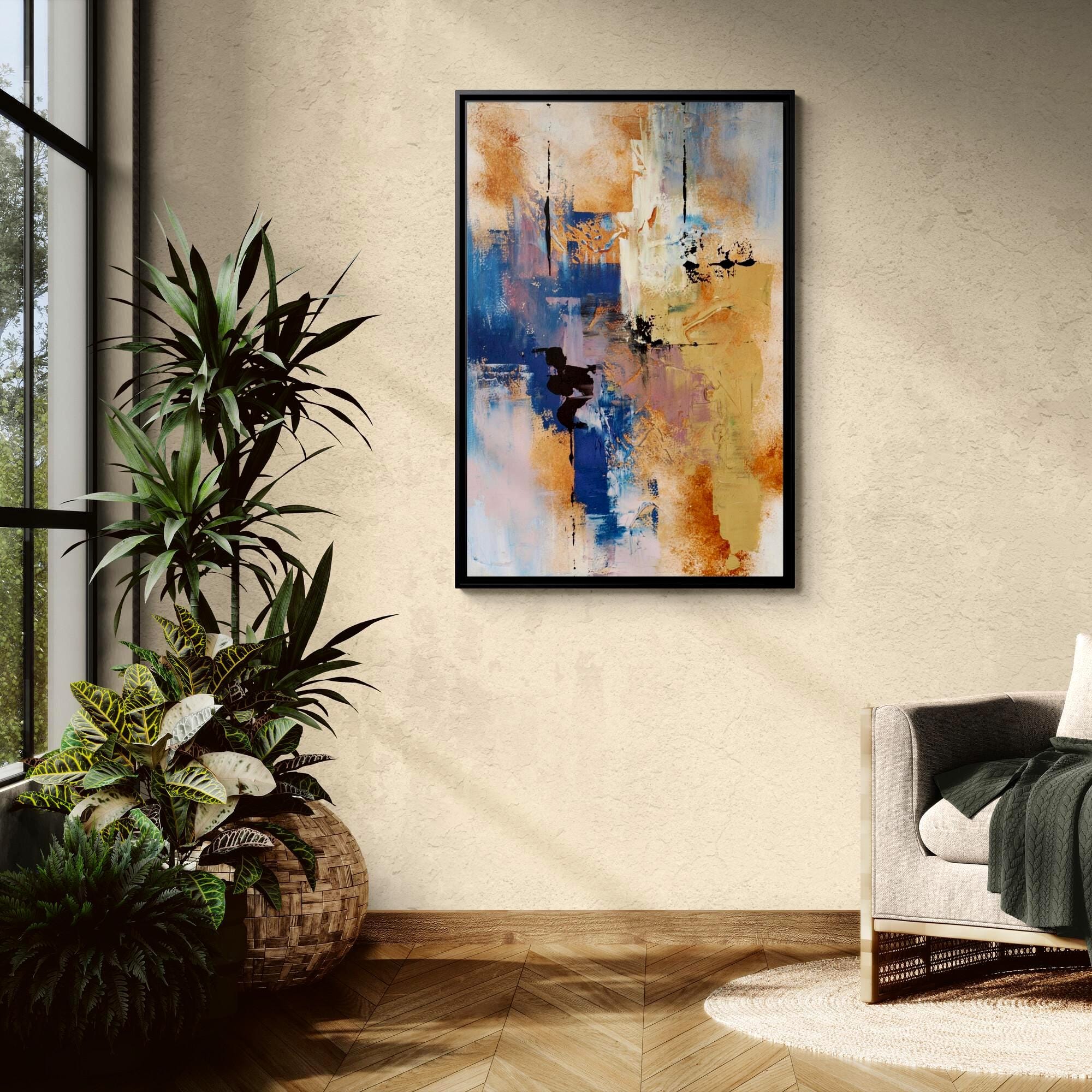 Burnt Orange and Blue Abstract Landscape Art - Framed Canvas Wall Art
