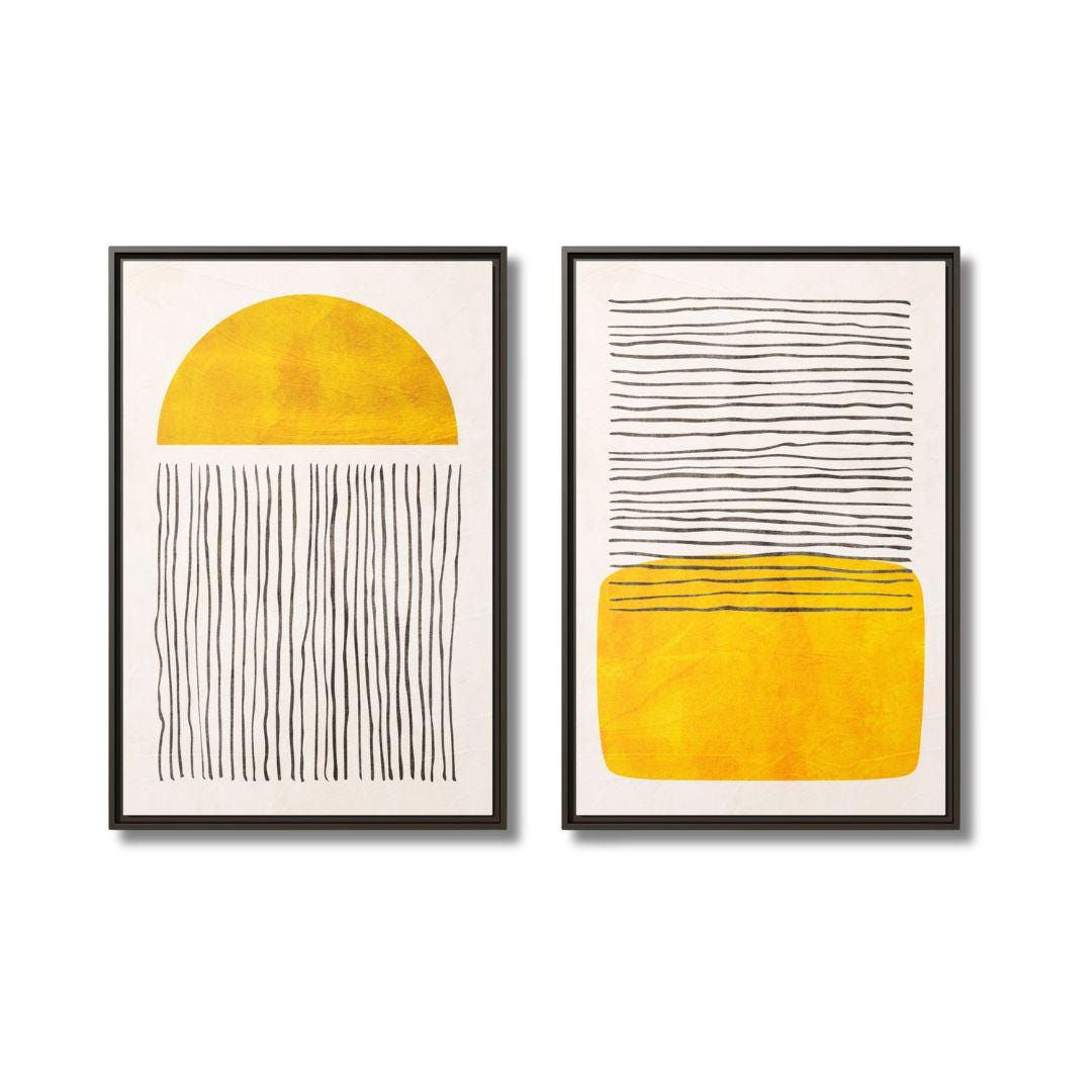 Diptychon Minimalistische abstrakte gelbe Formen Wandkunst – Gerahmte Leinwand-Wandkunst – 2er-Set