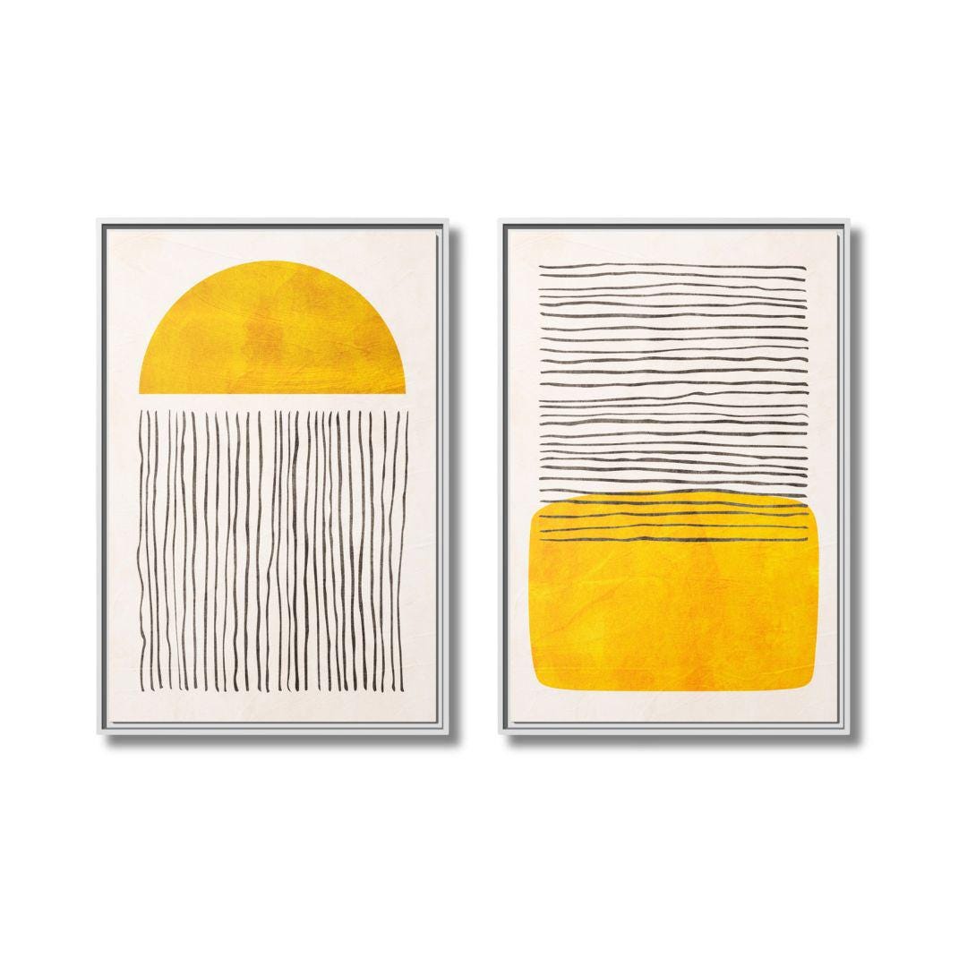 Diptychon Minimalistische abstrakte gelbe Formen Wandkunst – Gerahmte Leinwand-Wandkunst – 2er-Set
