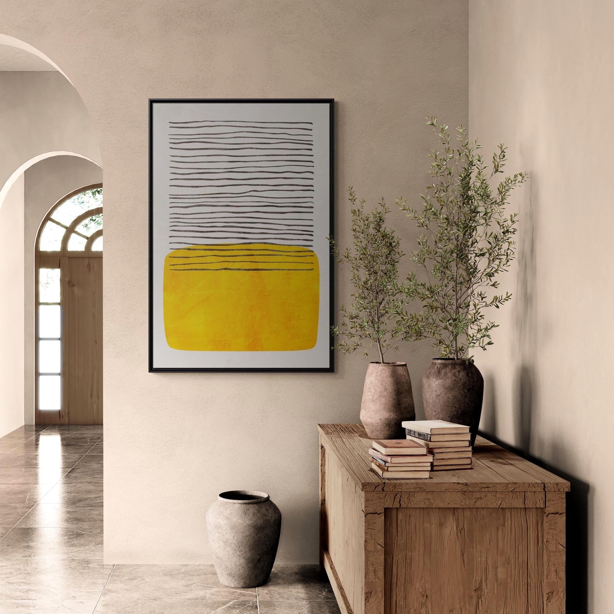 Abstrakte, minimalistische gelbe Blockkunst – Stil B – Gerahmte Leinwand-Wandkunst