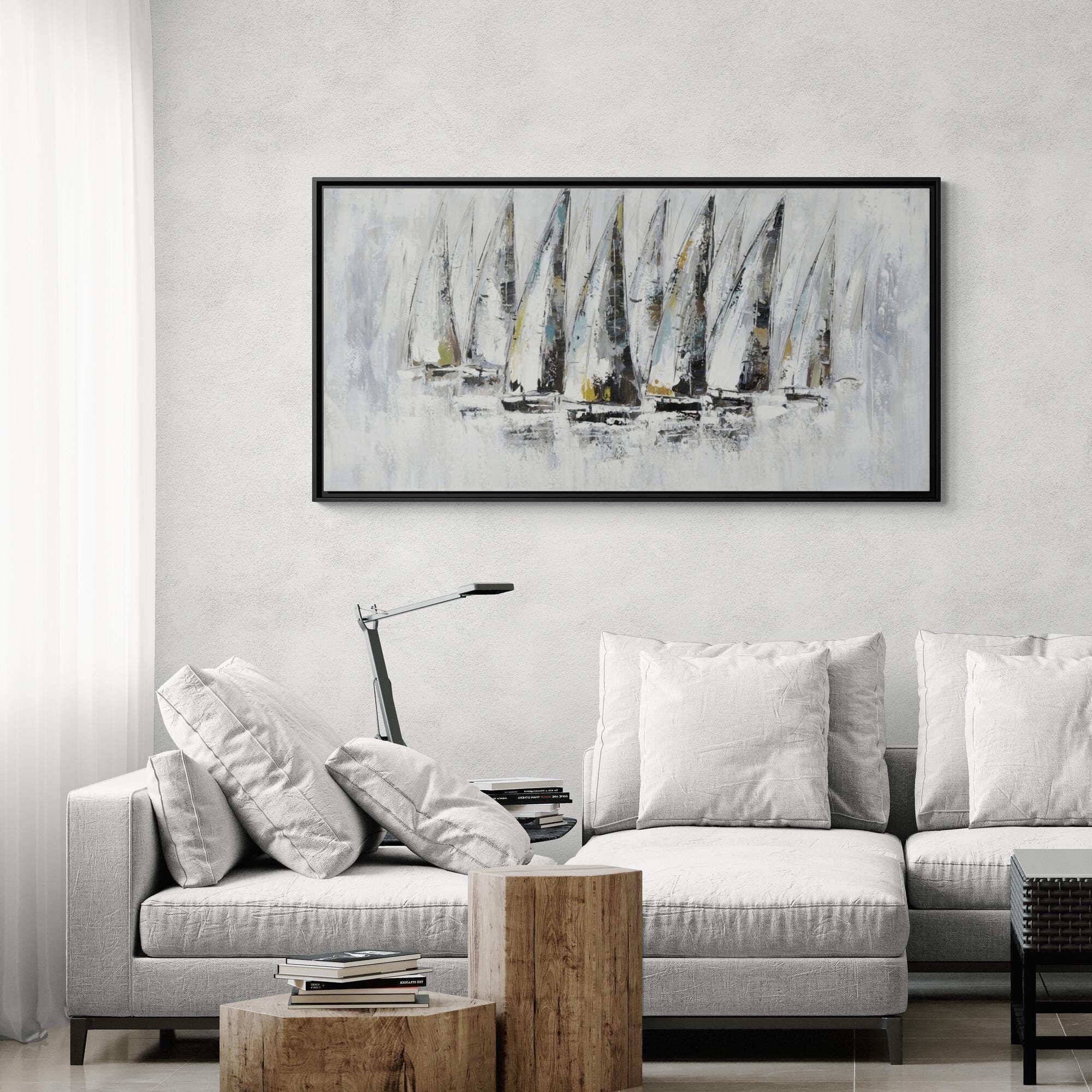Nautical Abstract Sailboats Painting - Framed Canvas Wall Art