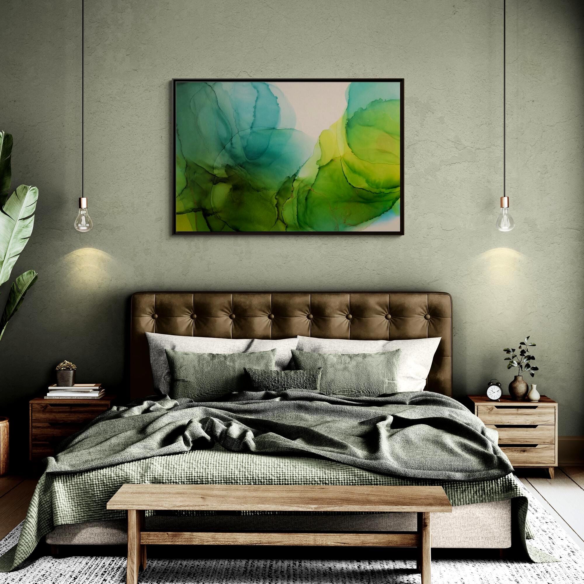 Green and Teal Abstract Ink Art - Framed Canvas Wall Art