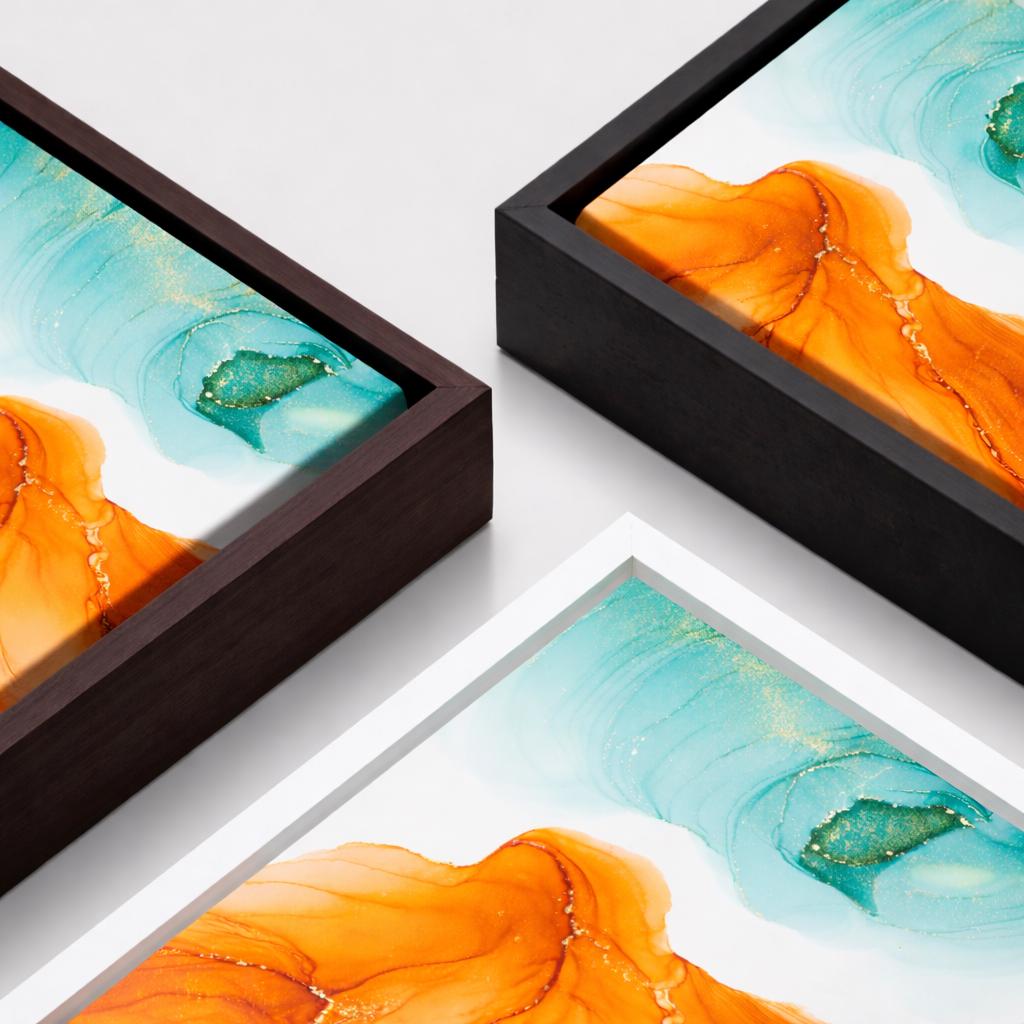 Orange and Teal Abstract Ink Flow - Framed Canvas Wall Art