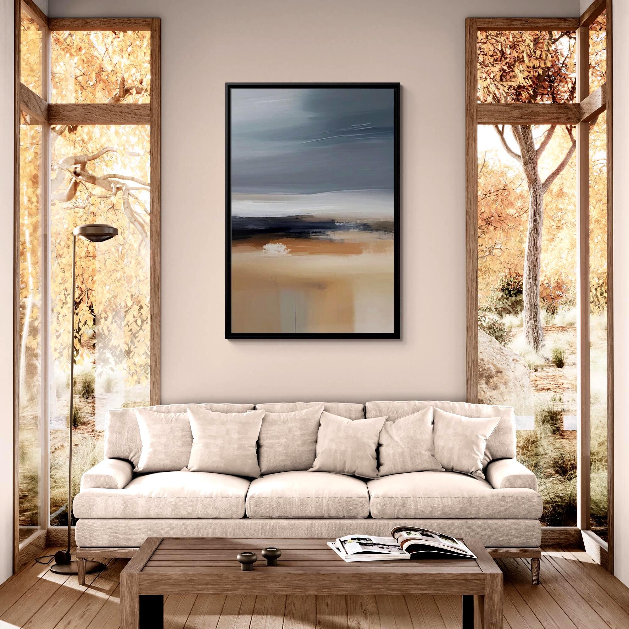 Blue and Beige Coastal Landscape Abstract Art – Framed Canvas Wall Art