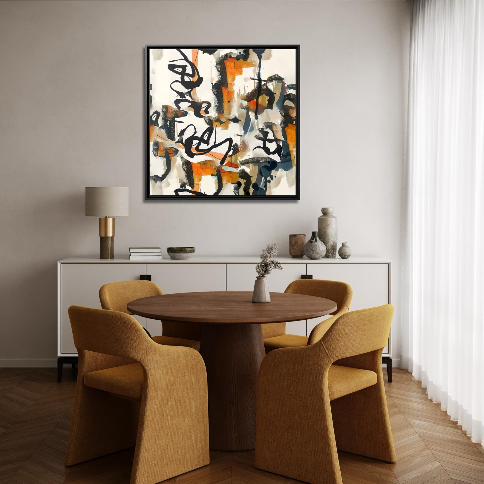 Abstrakte Komposition aus orangen, blauen und beigefarbenen Pinselstrichen – gerahmte Leinwand-Wandkunst