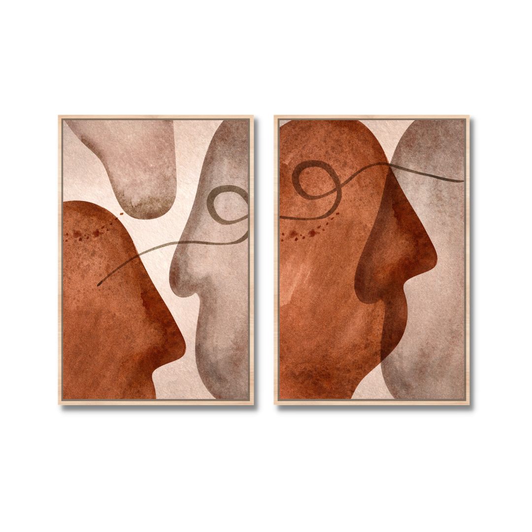 Diptych Mid Century Abstract Faces Wall Art - Set of 2