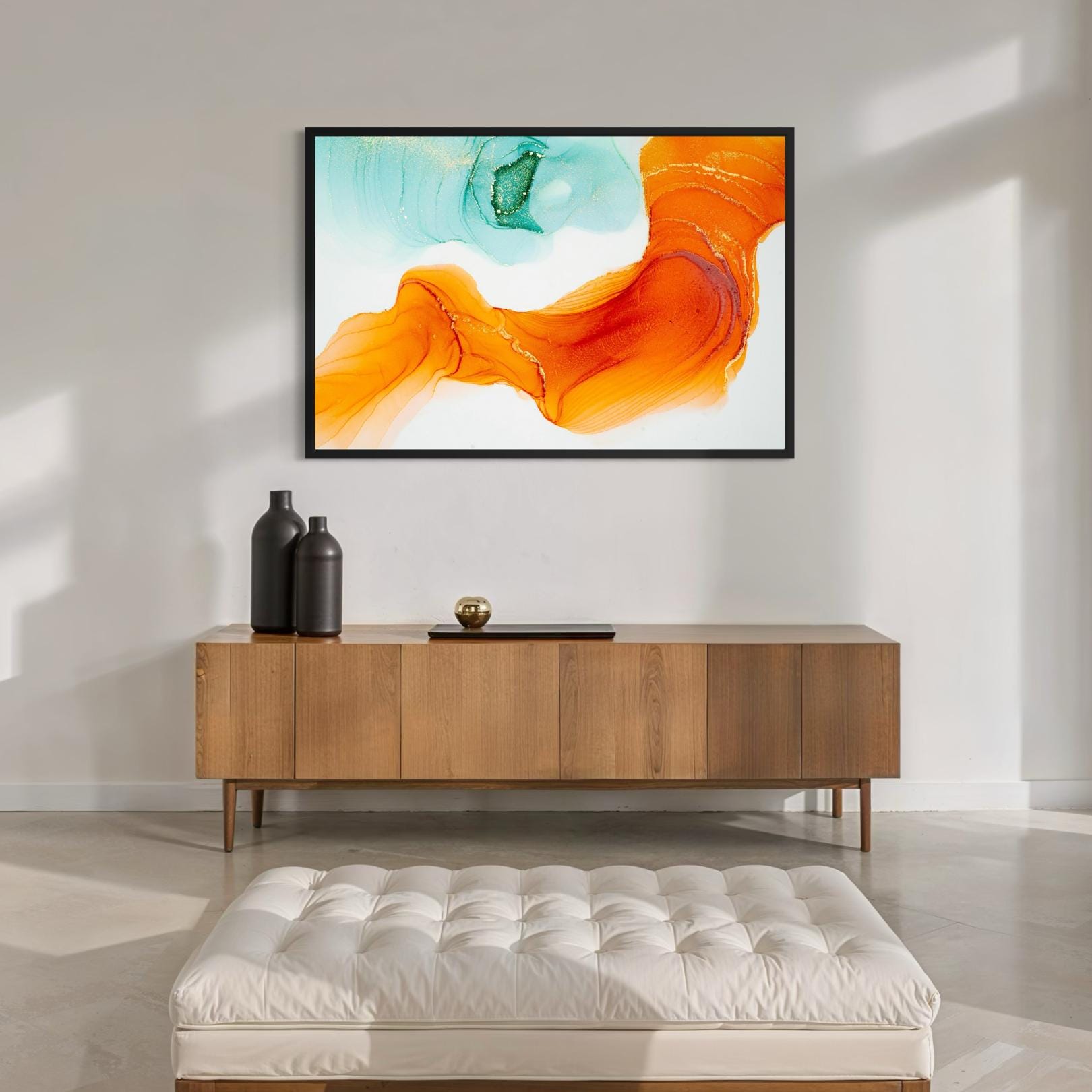Orange and Teal Abstract Ink Flow - Framed Canvas Wall Art