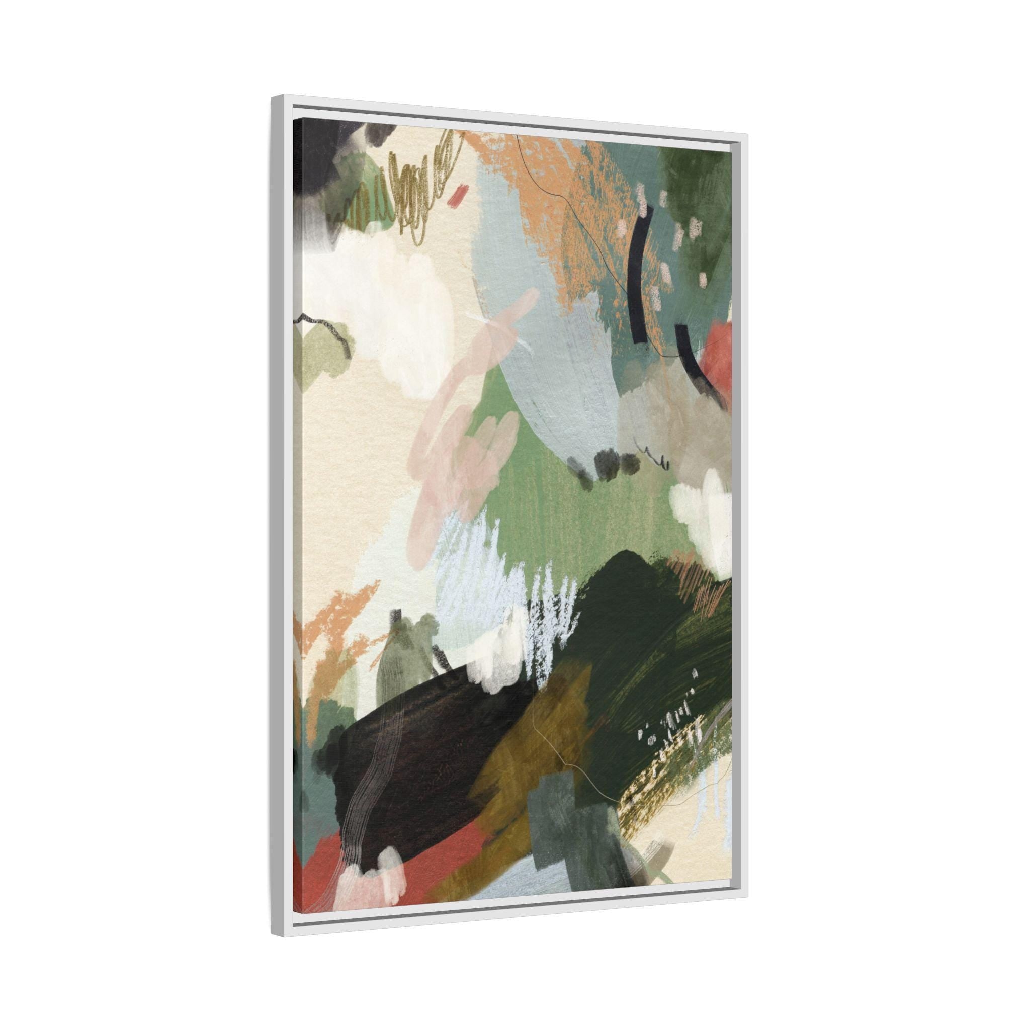Green, Beige and Blush Abstract Brushstroke Art - Framed Canvas Wall Art