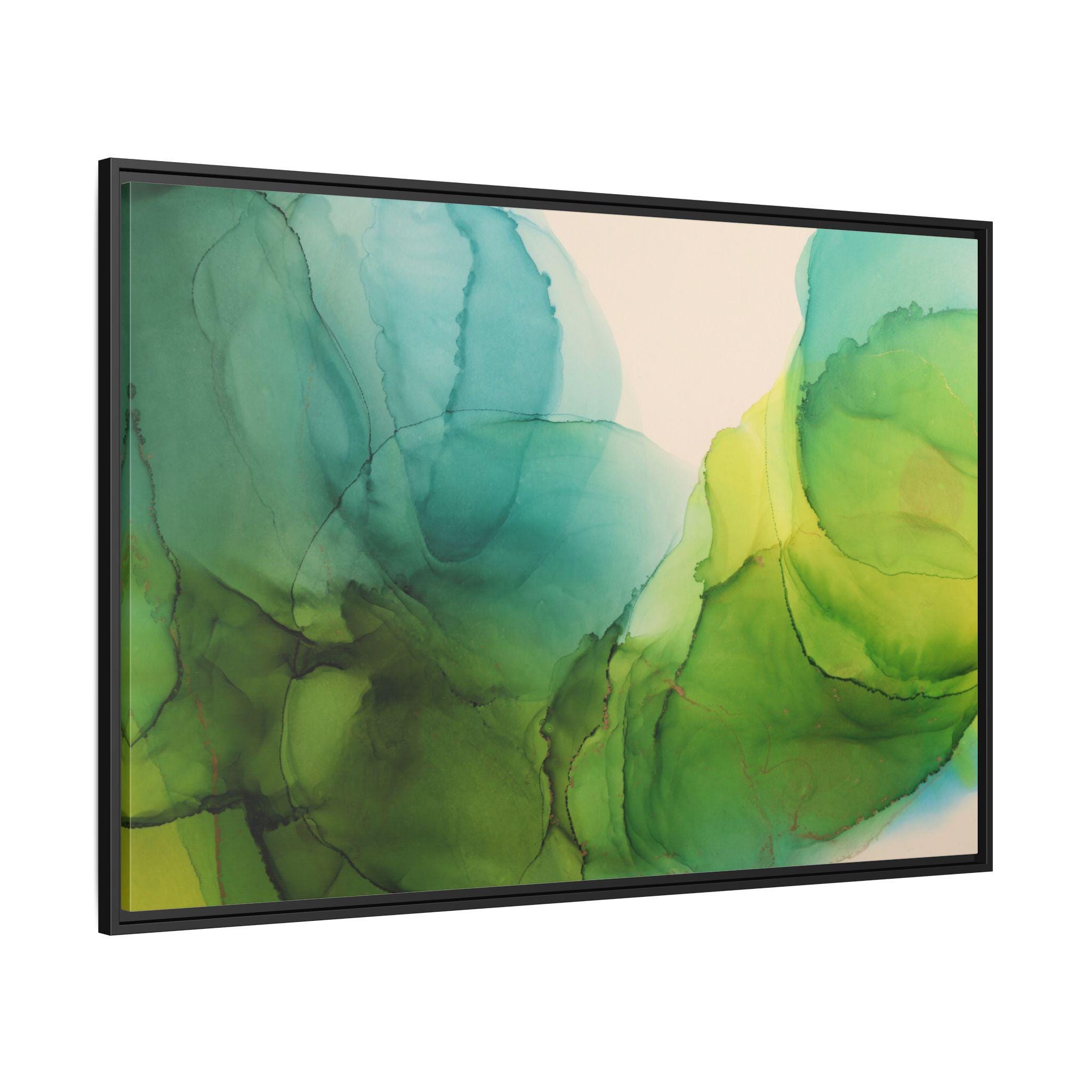 Green and Teal Abstract Ink Art - Framed Canvas Wall Art