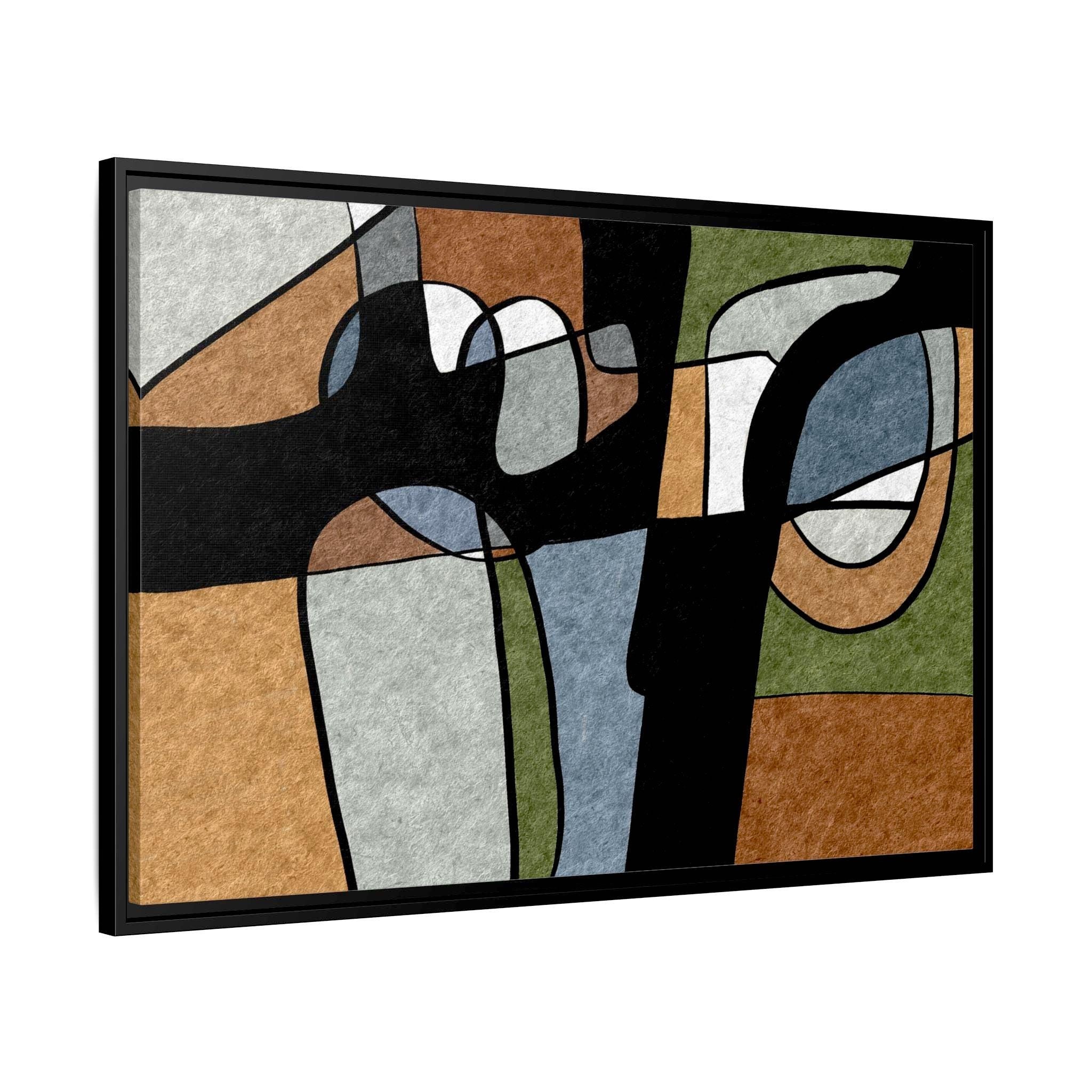 Abstrakte Geometrische Linienkunst – Farbblöcke im Mid-Century-Stil – Gerahmtes Leinwandbild