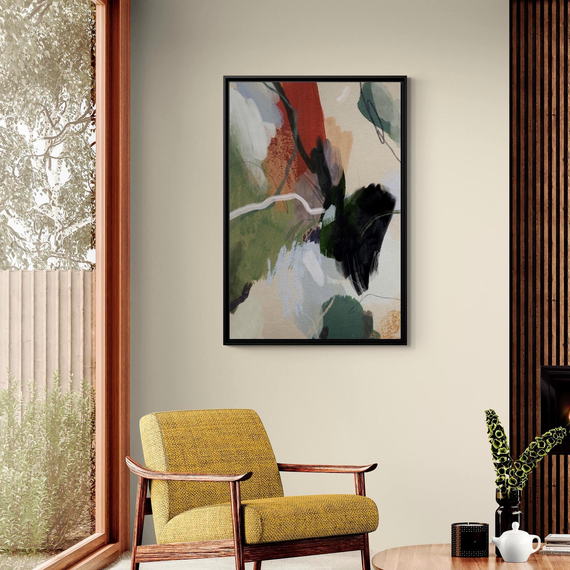 Green, Beige and Rust Abstract Brushstroke Art - Framed Canvas Wall Art