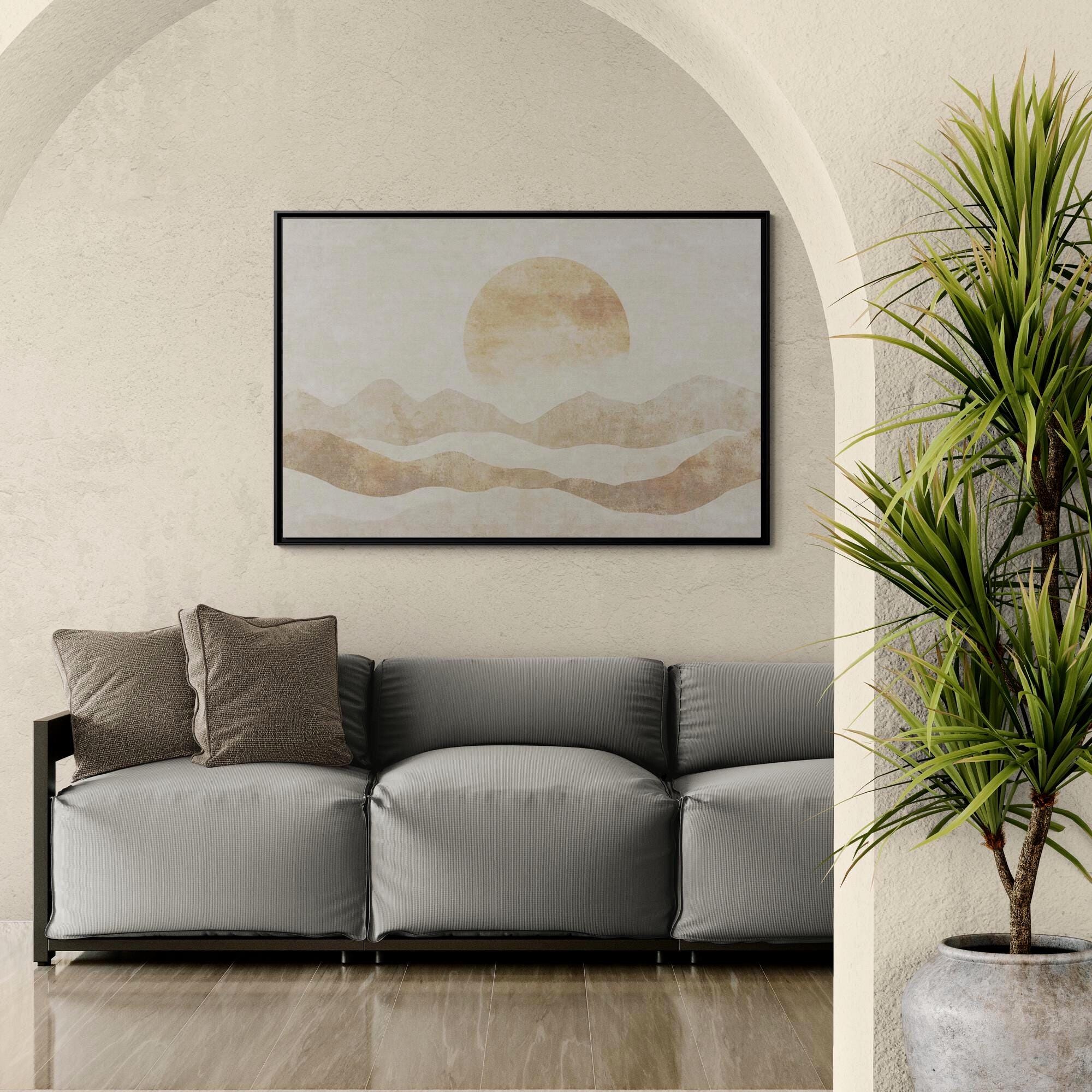 Neutral Abstract Sun Over Layered Hills - Framed Canvas Wall Art