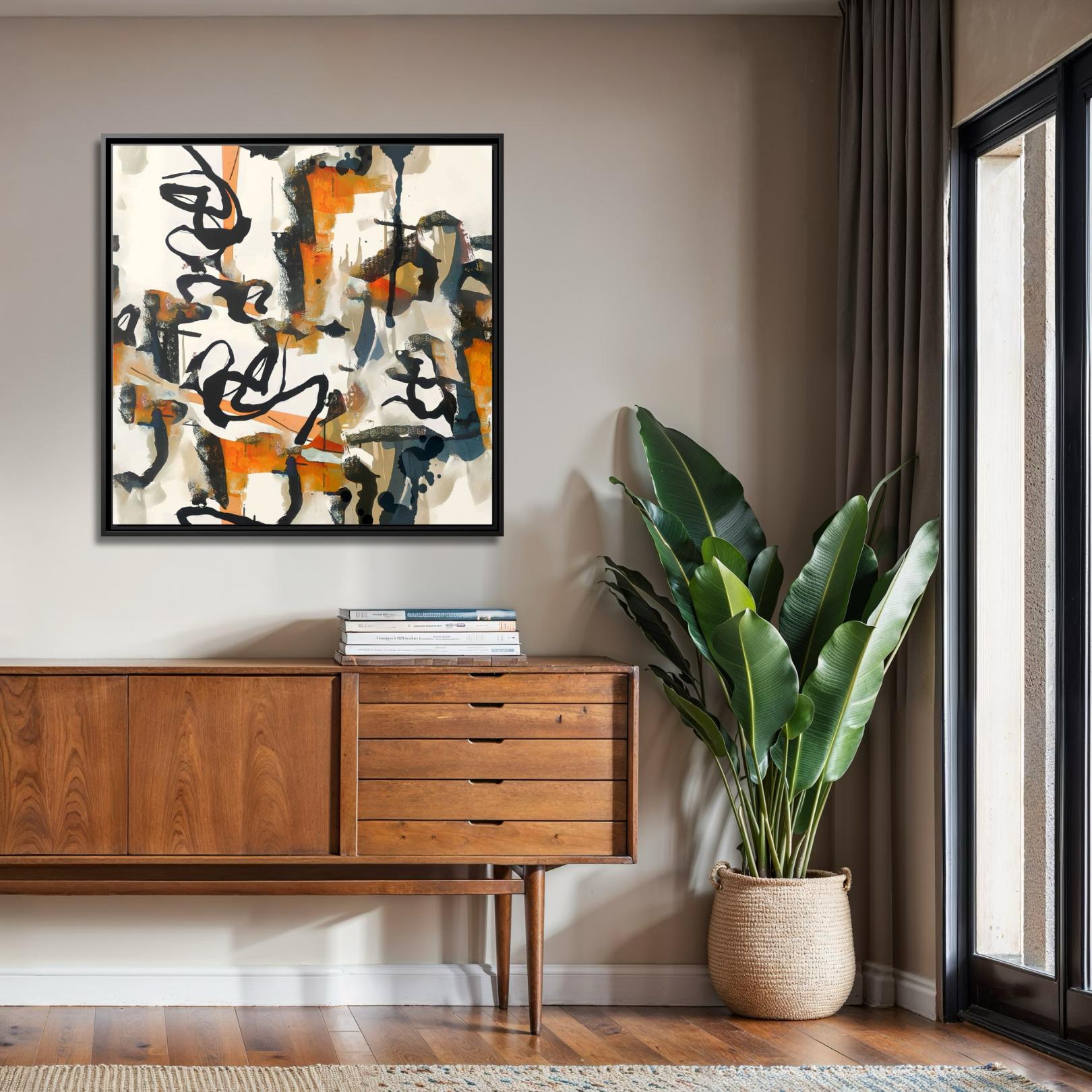 Abstrakte Komposition aus orangen, blauen und beigefarbenen Pinselstrichen – gerahmte Leinwand-Wandkunst