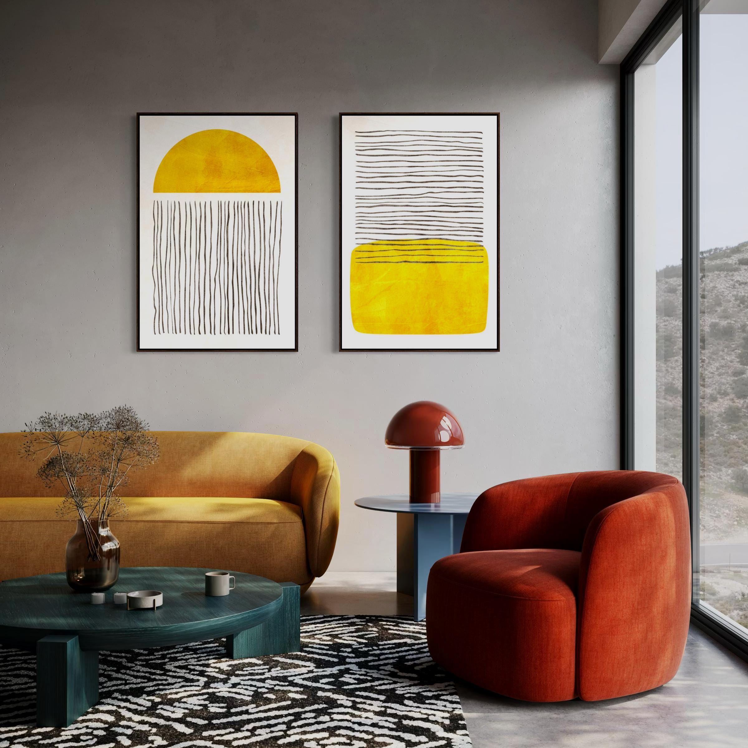 Diptychon Minimalistische abstrakte gelbe Formen Wandkunst – Gerahmte Leinwand-Wandkunst – 2er-Set