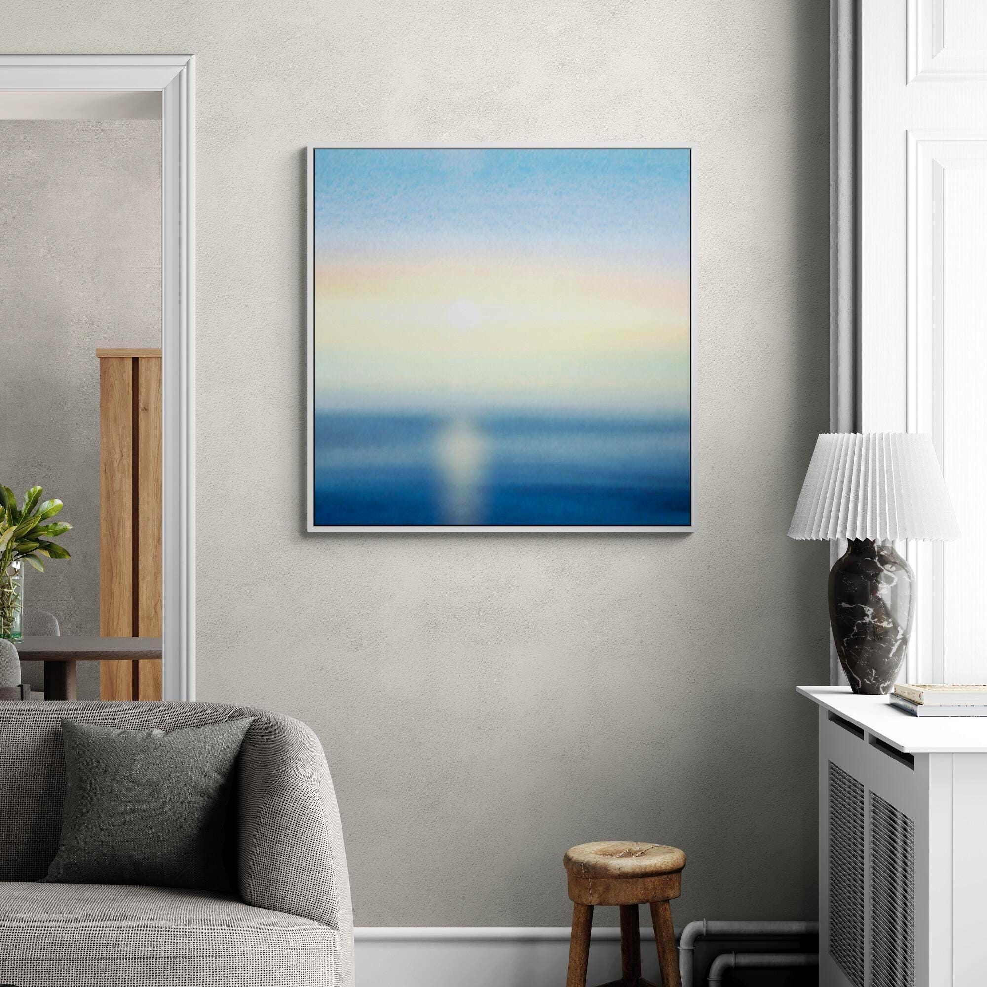 Ocean Sunrise Watercolor Seascape Art - Framed Canvas Wall Art
