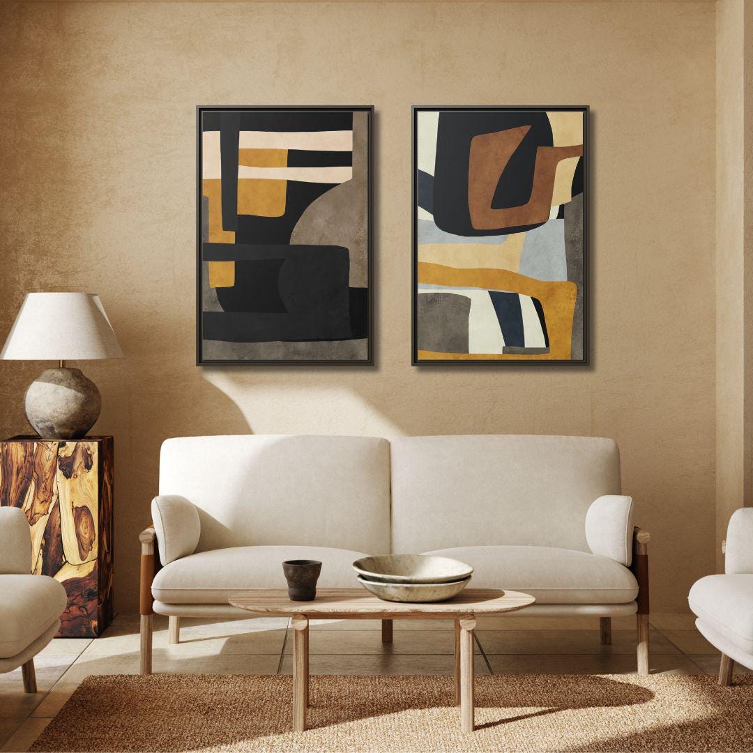 Diptych Senf, Blau und Grau Geometrische Kunst – Gerahmte Leinwandbilder – 2er-Set