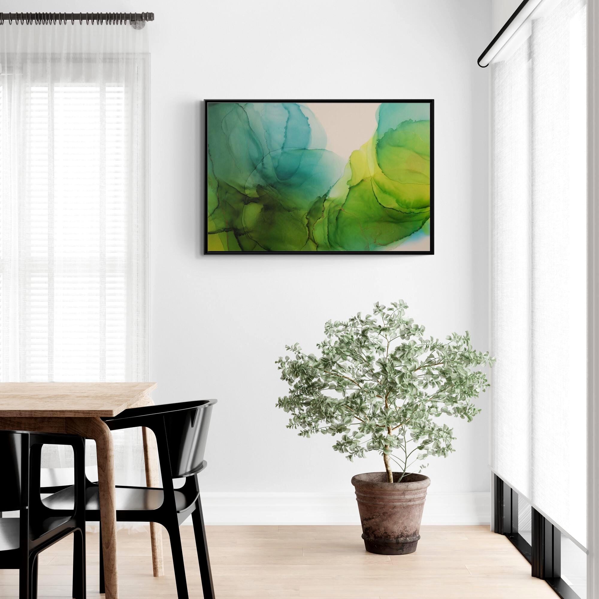 Green and Teal Abstract Ink Art - Framed Canvas Wall Art