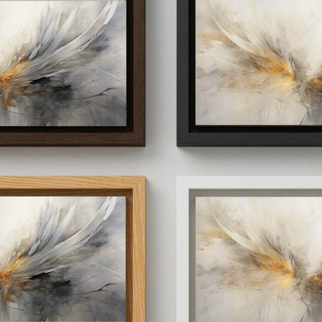 Four abstract art pieces in different frames on a wall.