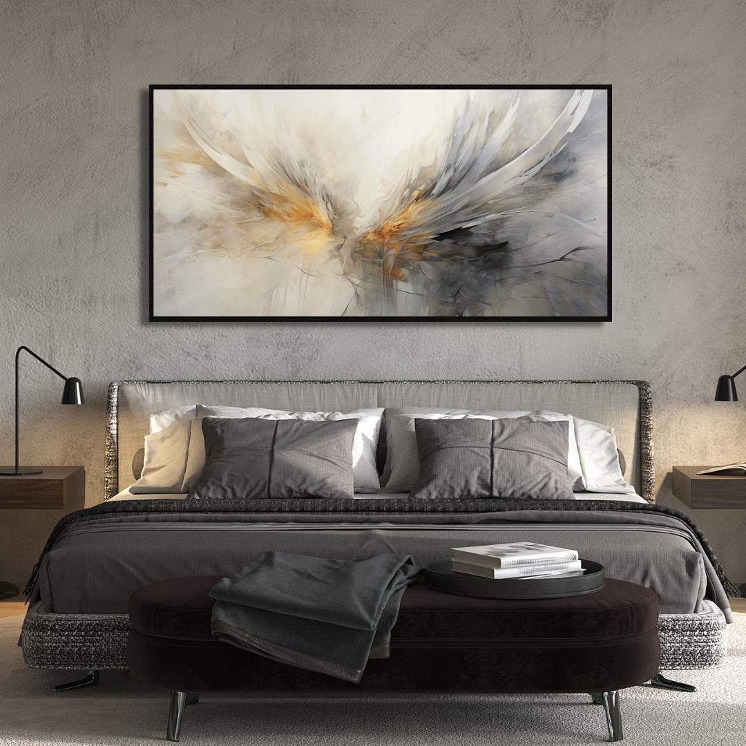 Modern bedroom with a large abstract painting above a bed.