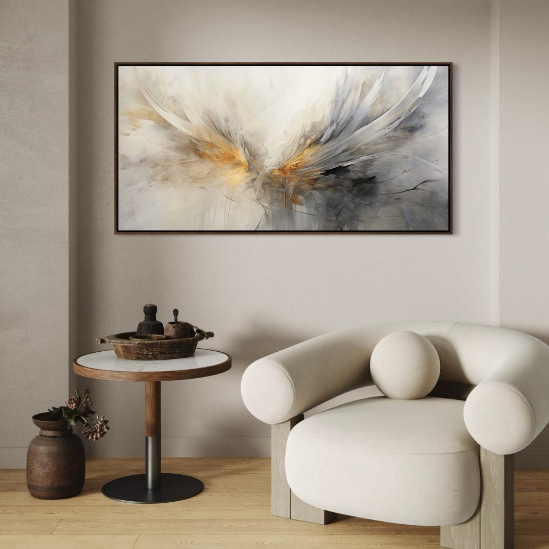 Modern interior with abstract art, round chair, and small table.