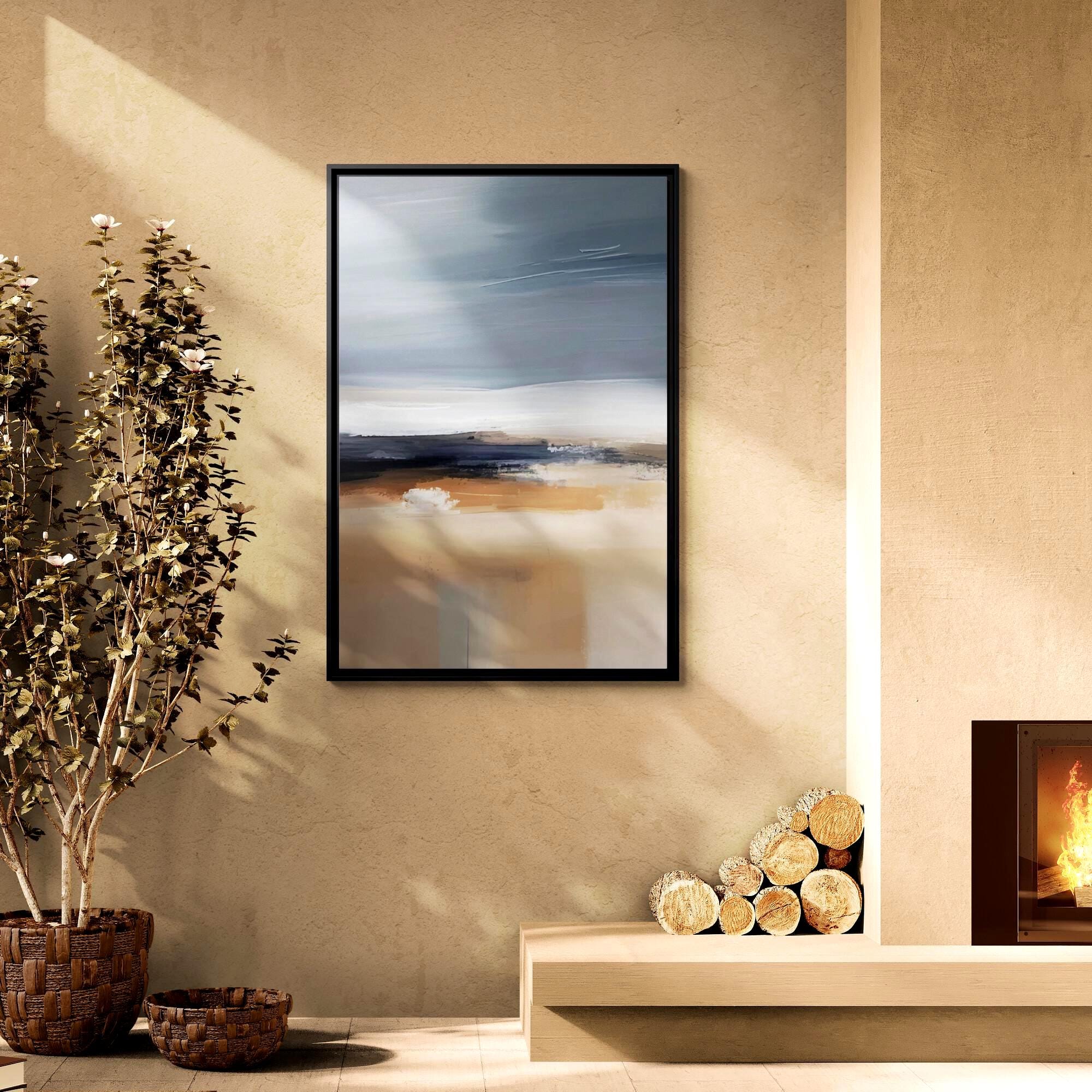 Blue and Beige Coastal Landscape Abstract Art – Framed Canvas Wall Art