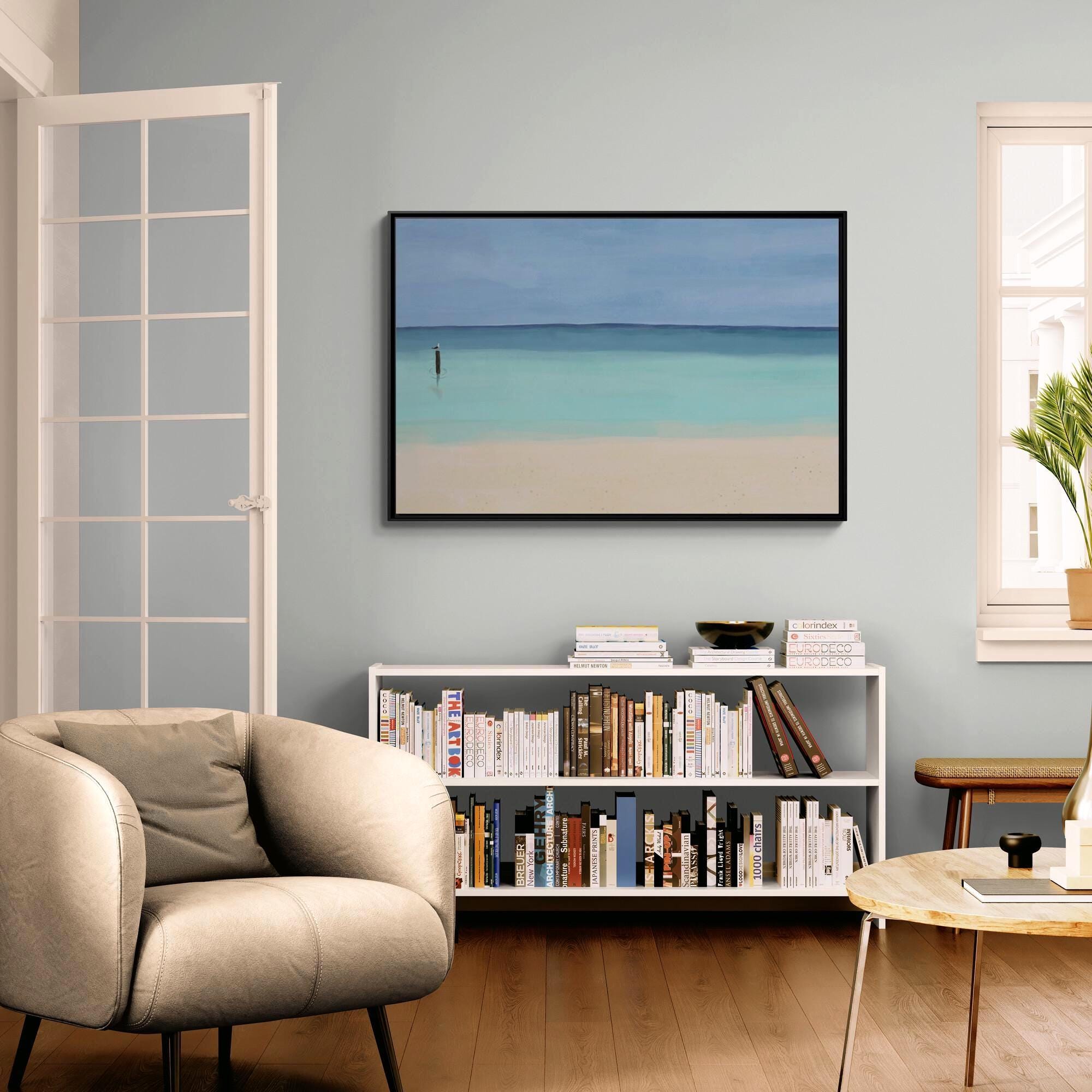 Calm Aqua Seaside Beach Painting - Framed Canvas Wall Art
