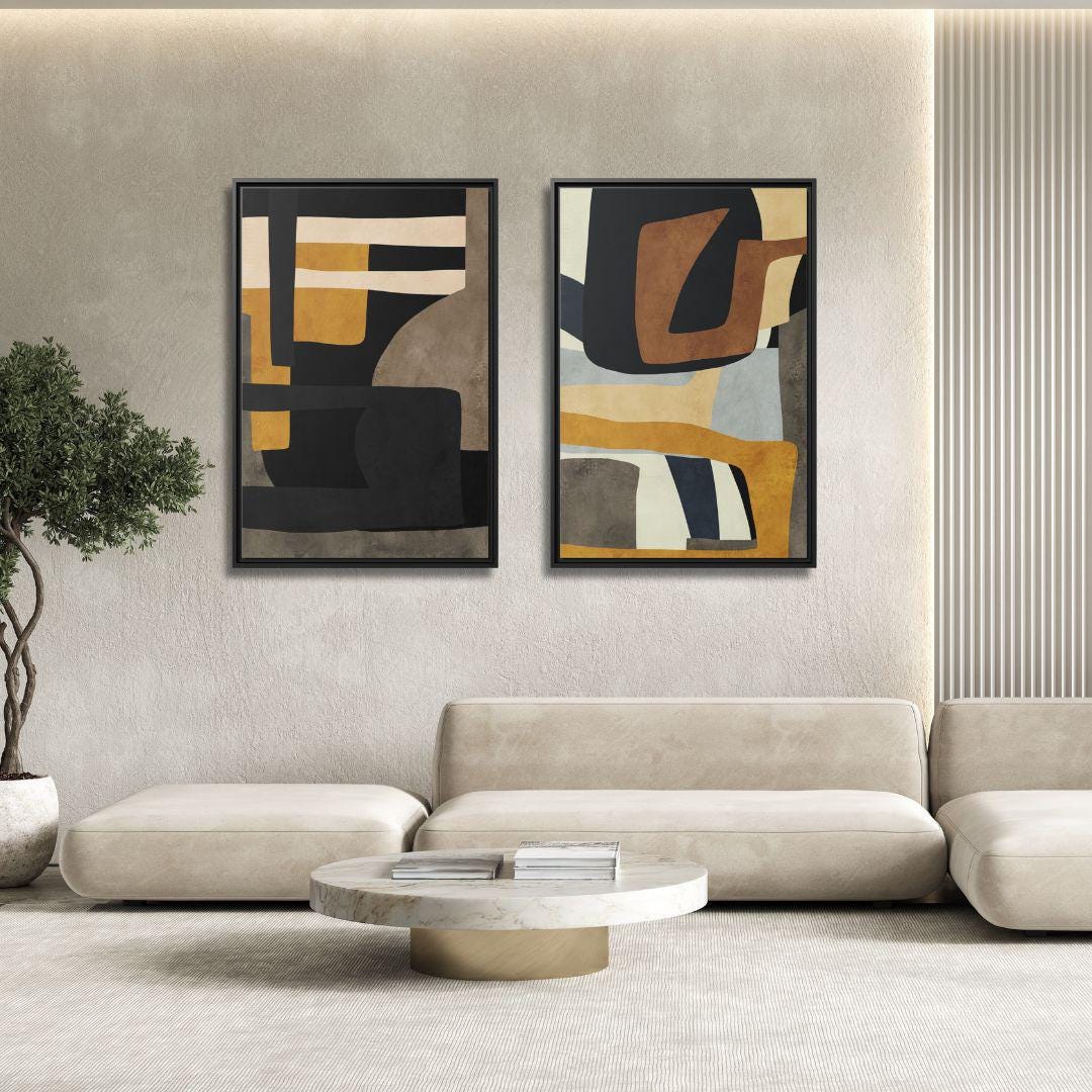 Diptych Senf, Blau und Grau Geometrische Kunst – Gerahmte Leinwandbilder – 2er-Set