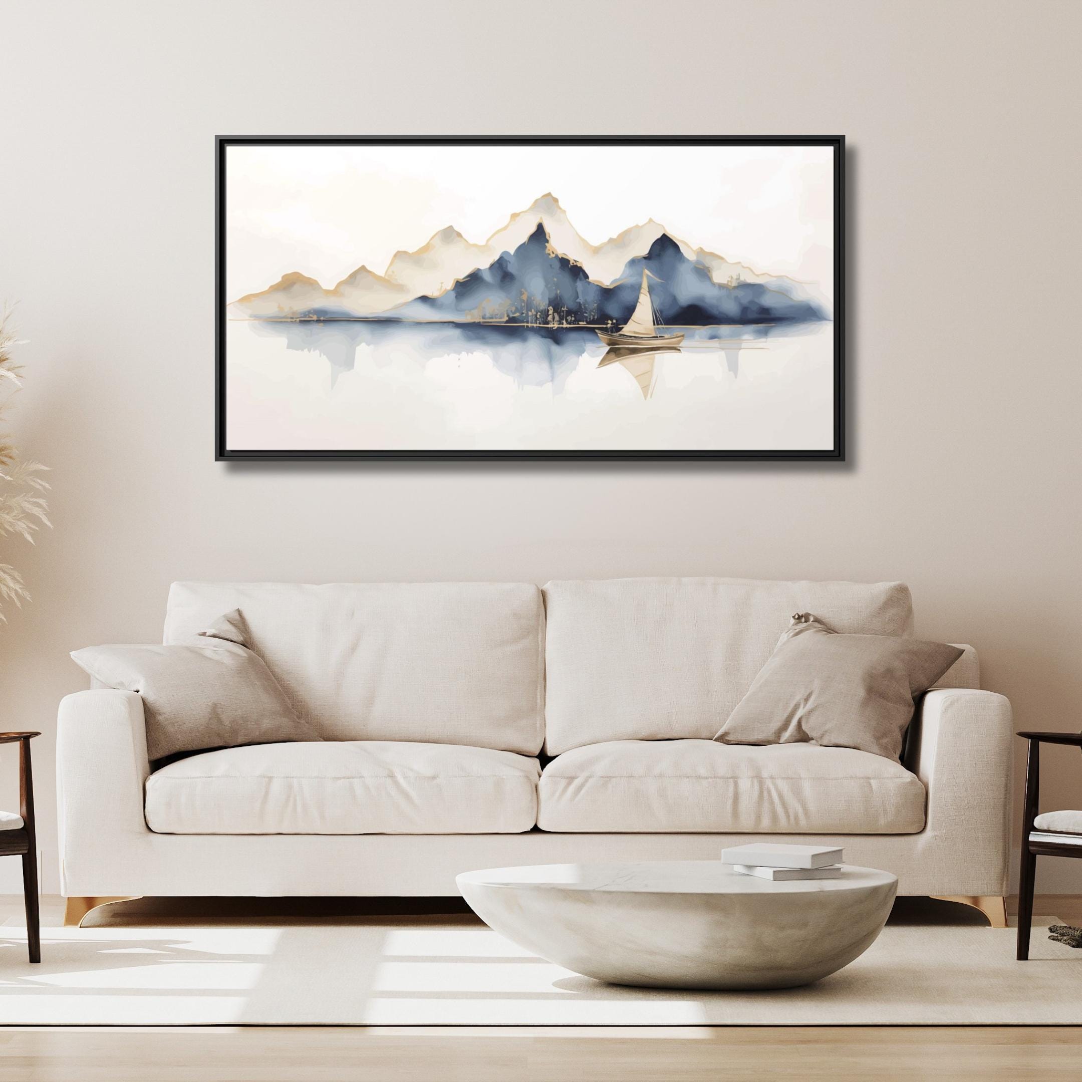 Mountains and Sailboat Watercolor Art - Framed Canvas Wall Art