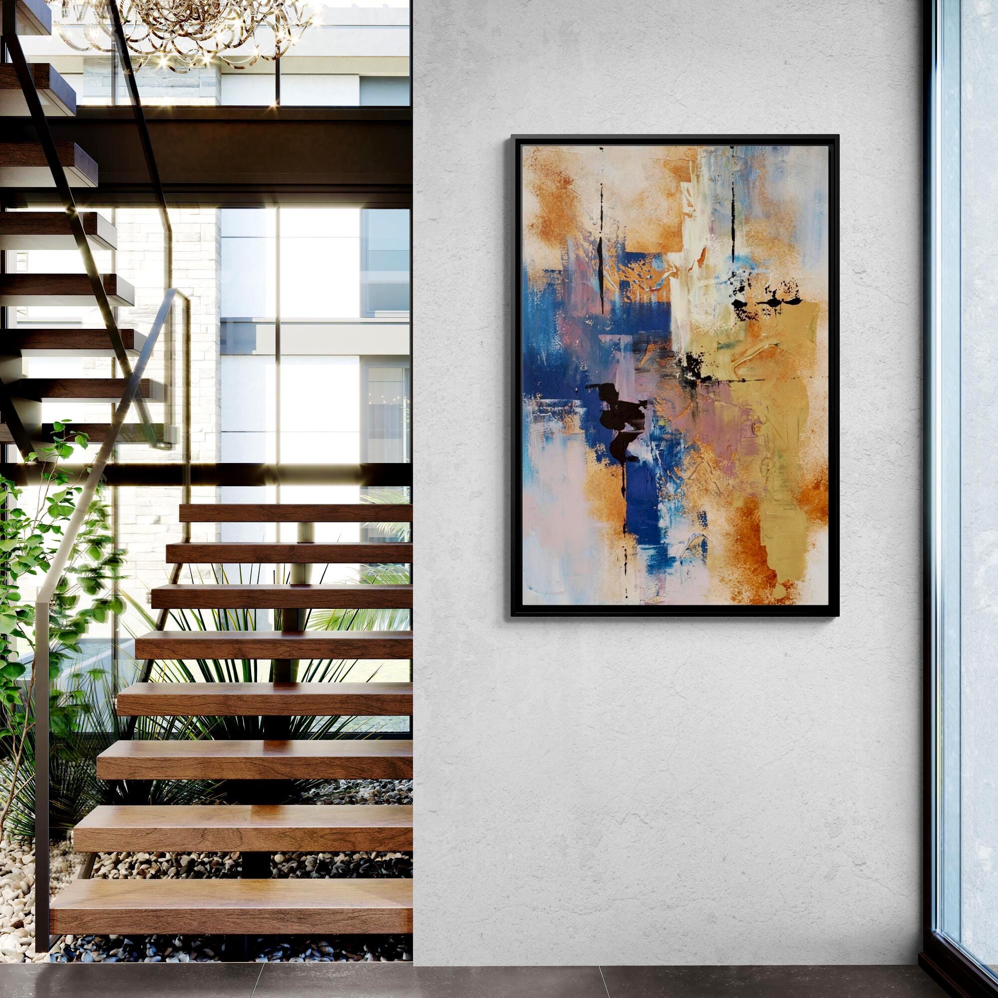 Burnt Orange and Blue Abstract Landscape Art - Framed Canvas Wall Art