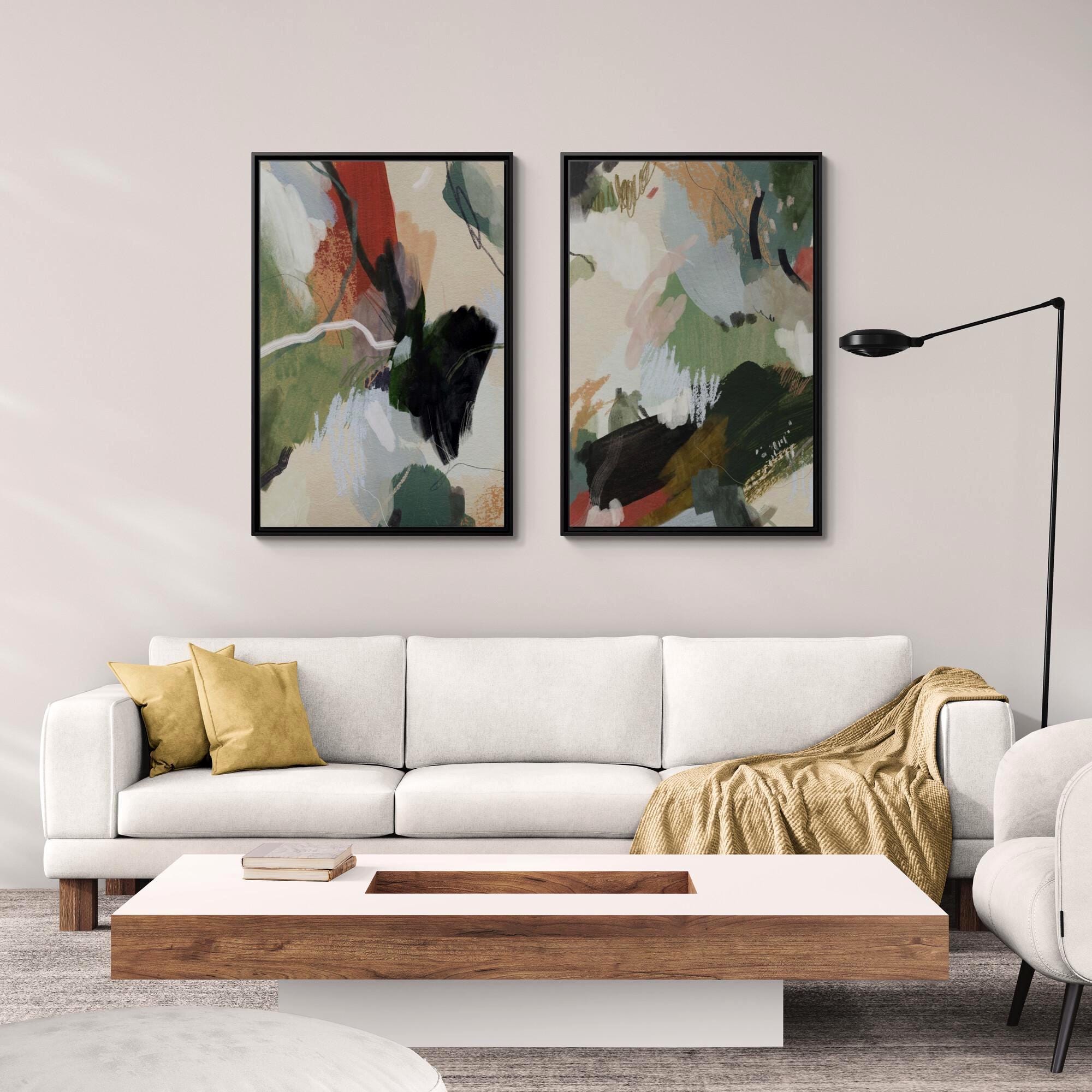 Diptych Green, Beige, Blush Brushstrokes Abstract Art - Framed Canvas Wall Art - Set of 2