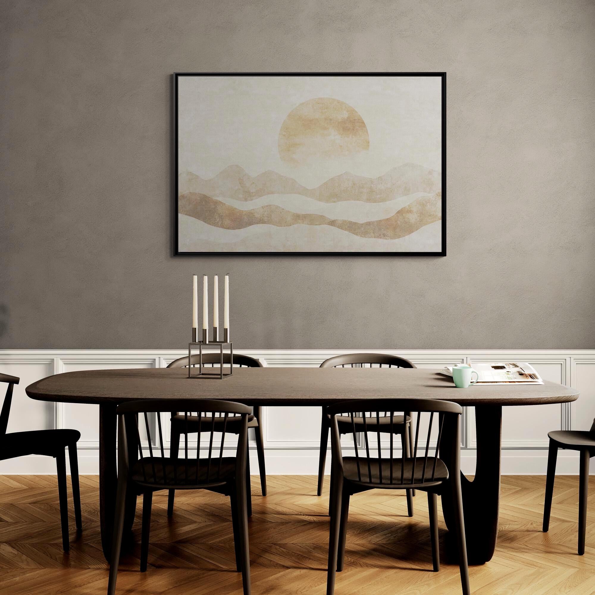 Neutral Abstract Sun Over Layered Hills - Framed Canvas Wall Art
