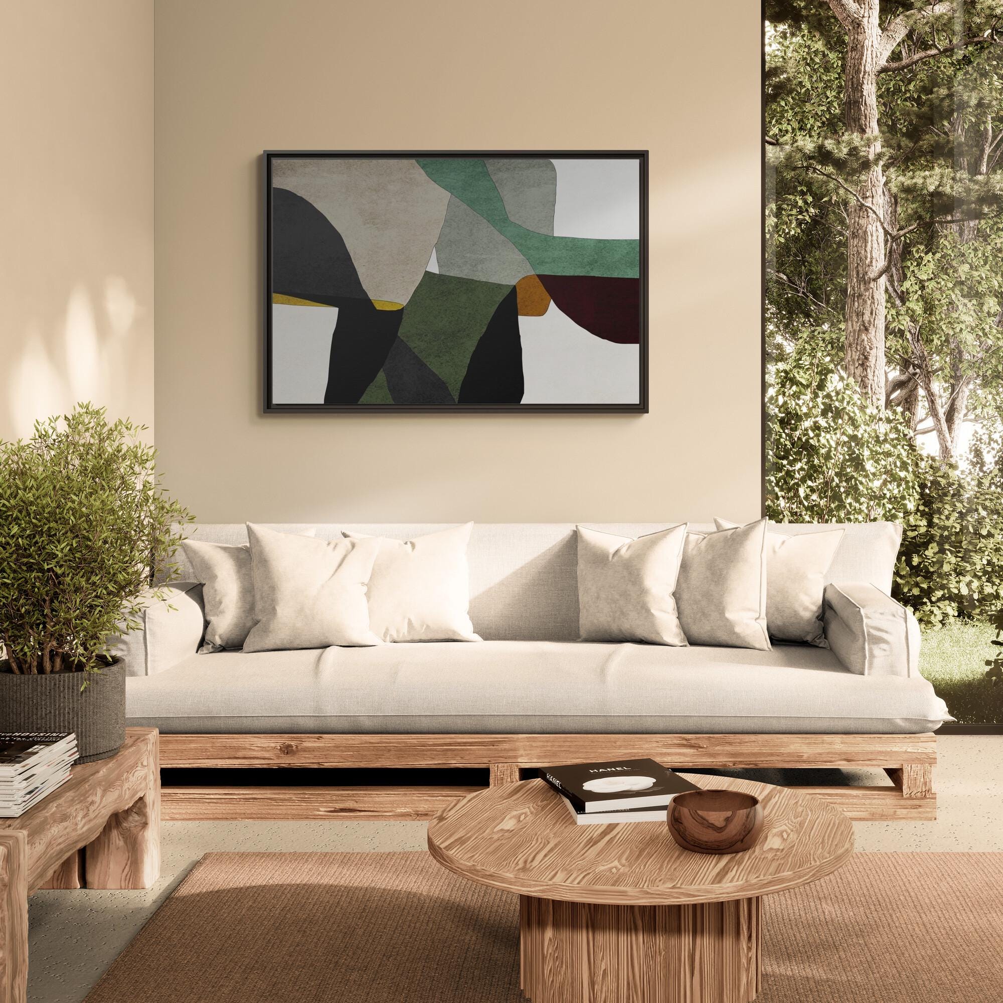 Green, Gray and Beige Abstract Color Block Framed Canvas Art