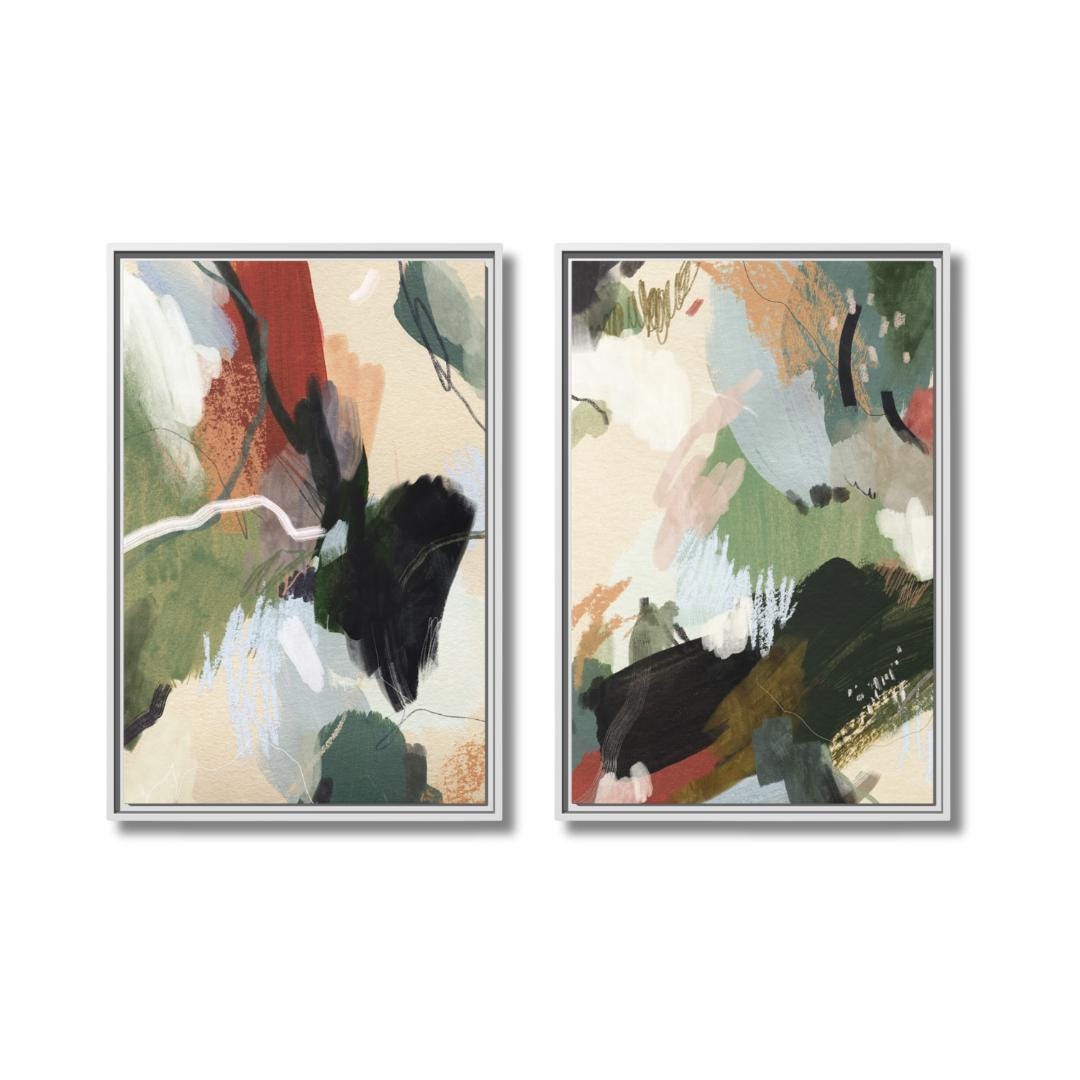 Diptych Green, Beige, Blush Brushstrokes Abstract Art - Framed Canvas Wall Art - Set of 2