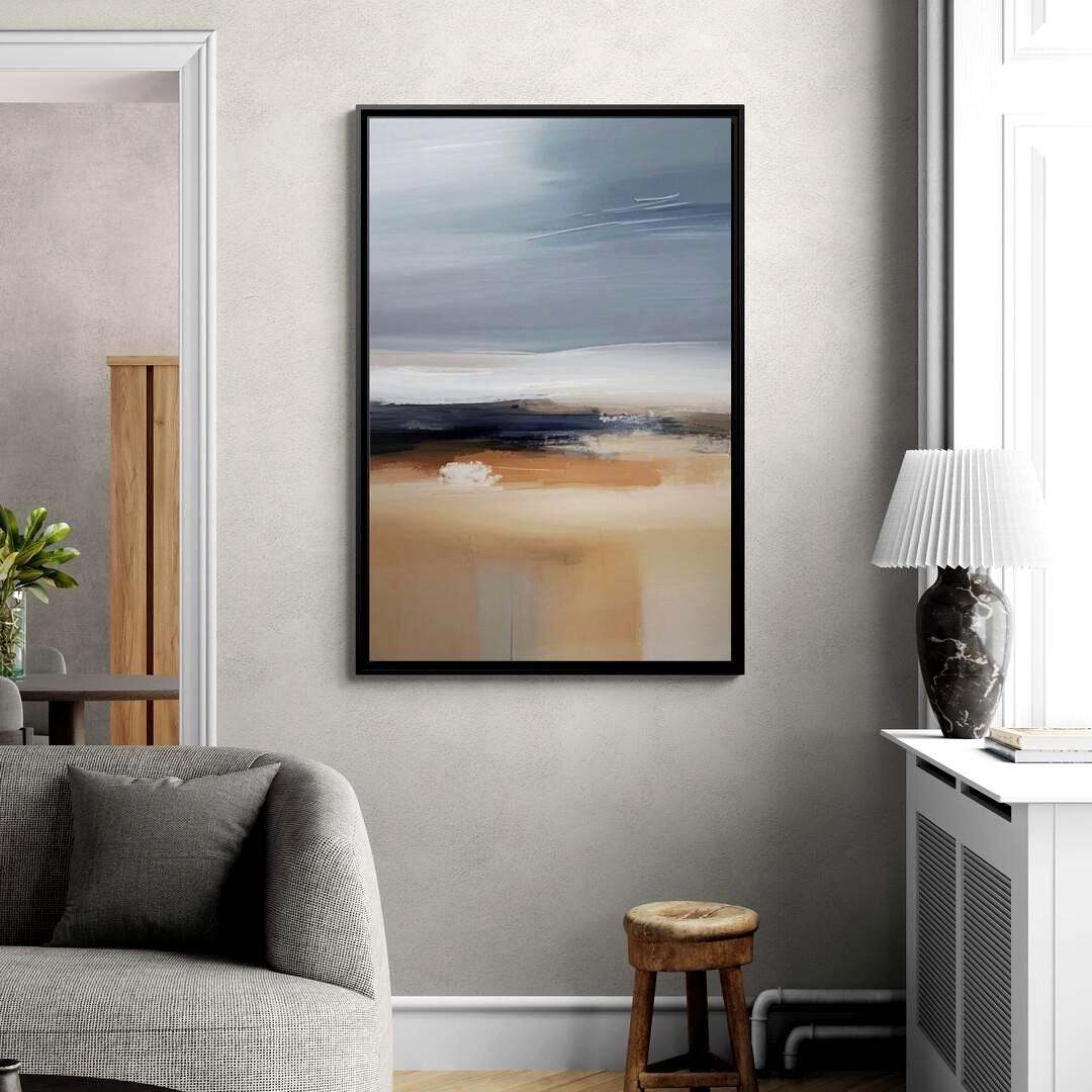 Blue and Beige Coastal Landscape Abstract Art – Framed Canvas Wall Art
