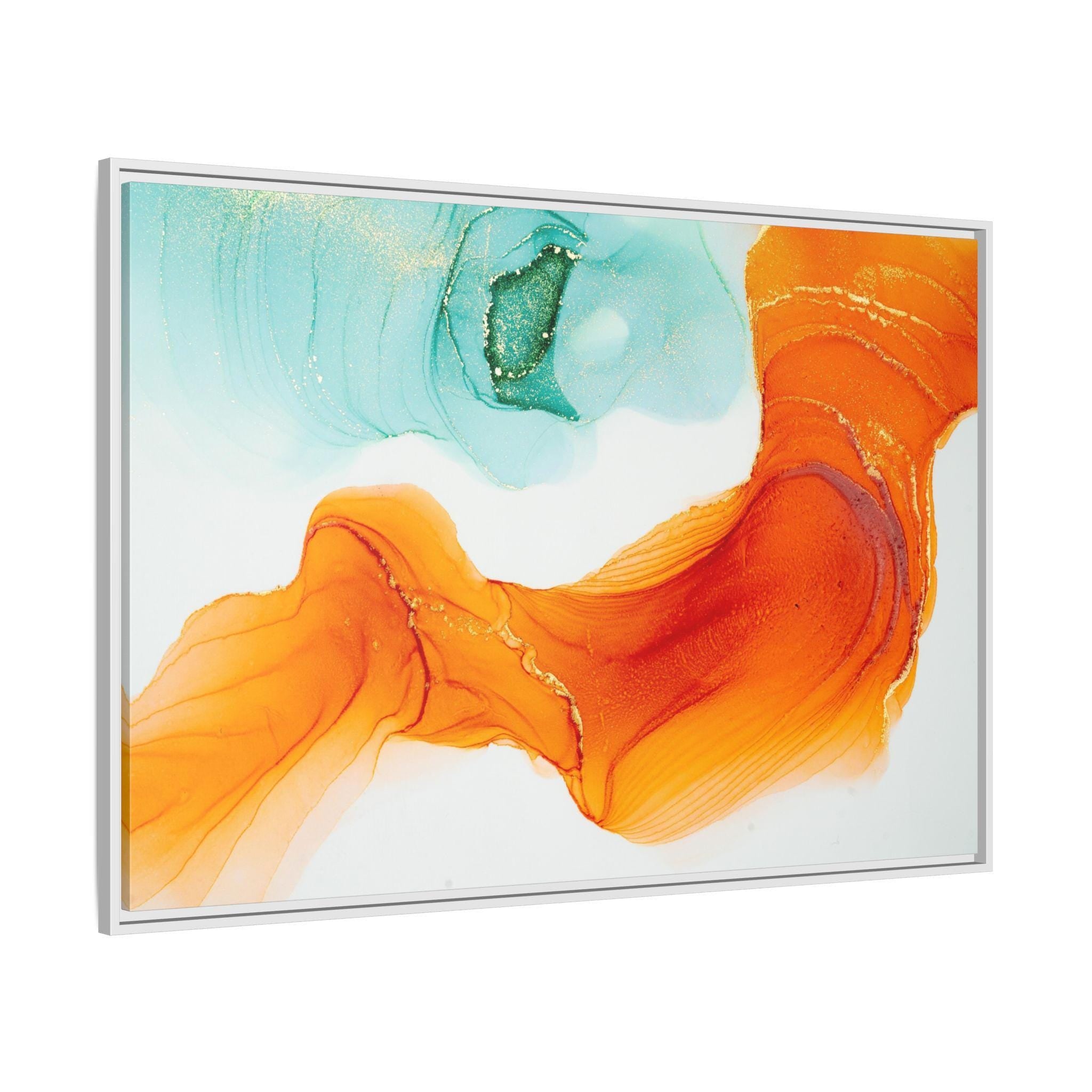 Orange and Teal Abstract Ink Flow - Framed Canvas Wall Art