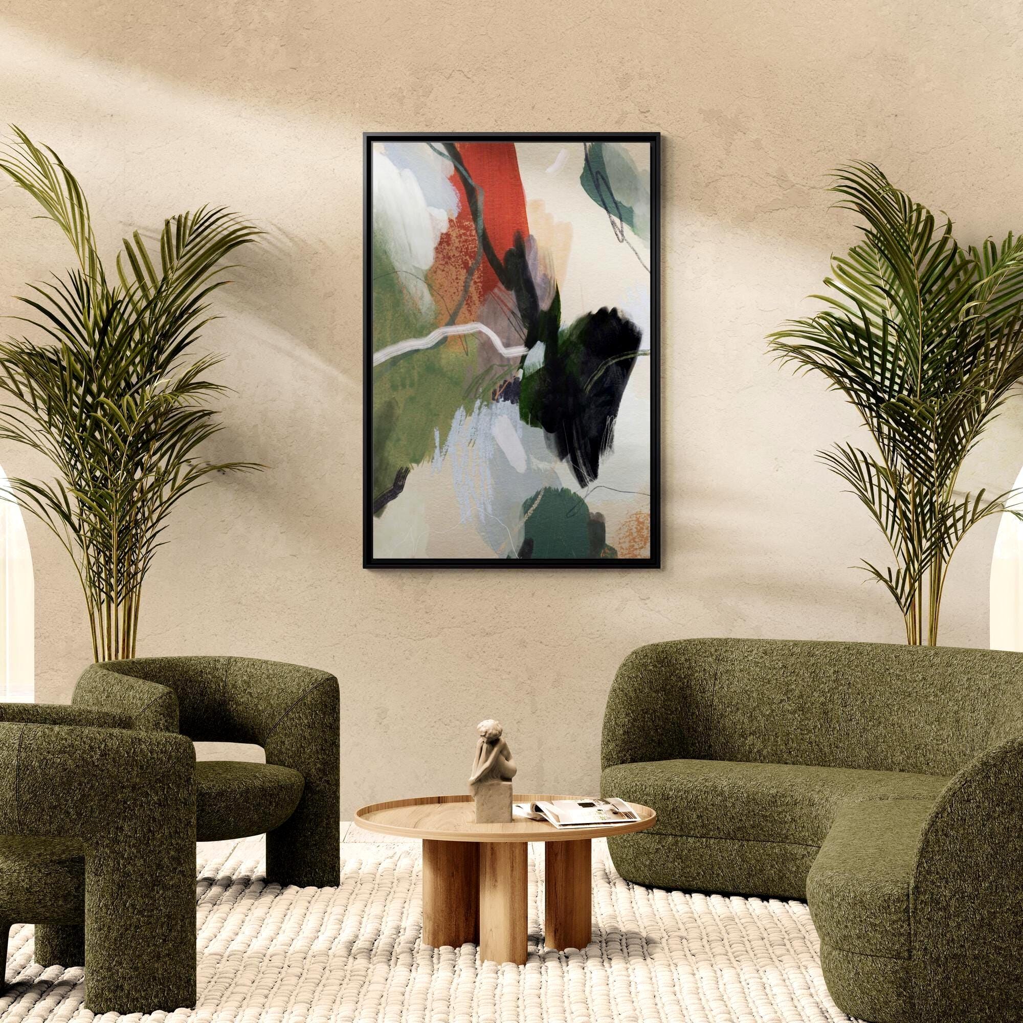 Green, Beige and Rust Abstract Brushstroke Art - Framed Canvas Wall Art
