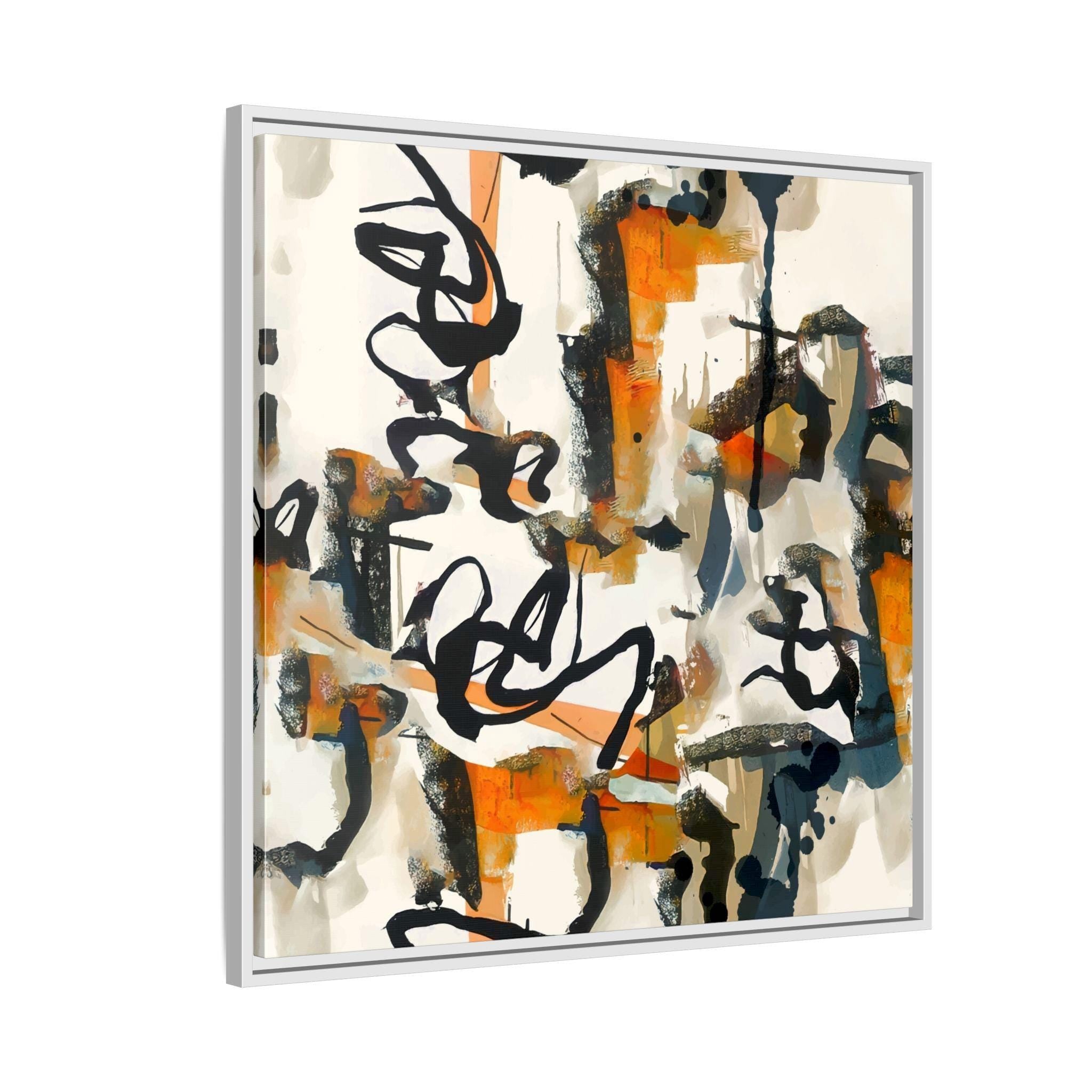 Abstrakte Komposition aus orangen, blauen und beigefarbenen Pinselstrichen – gerahmte Leinwand-Wandkunst