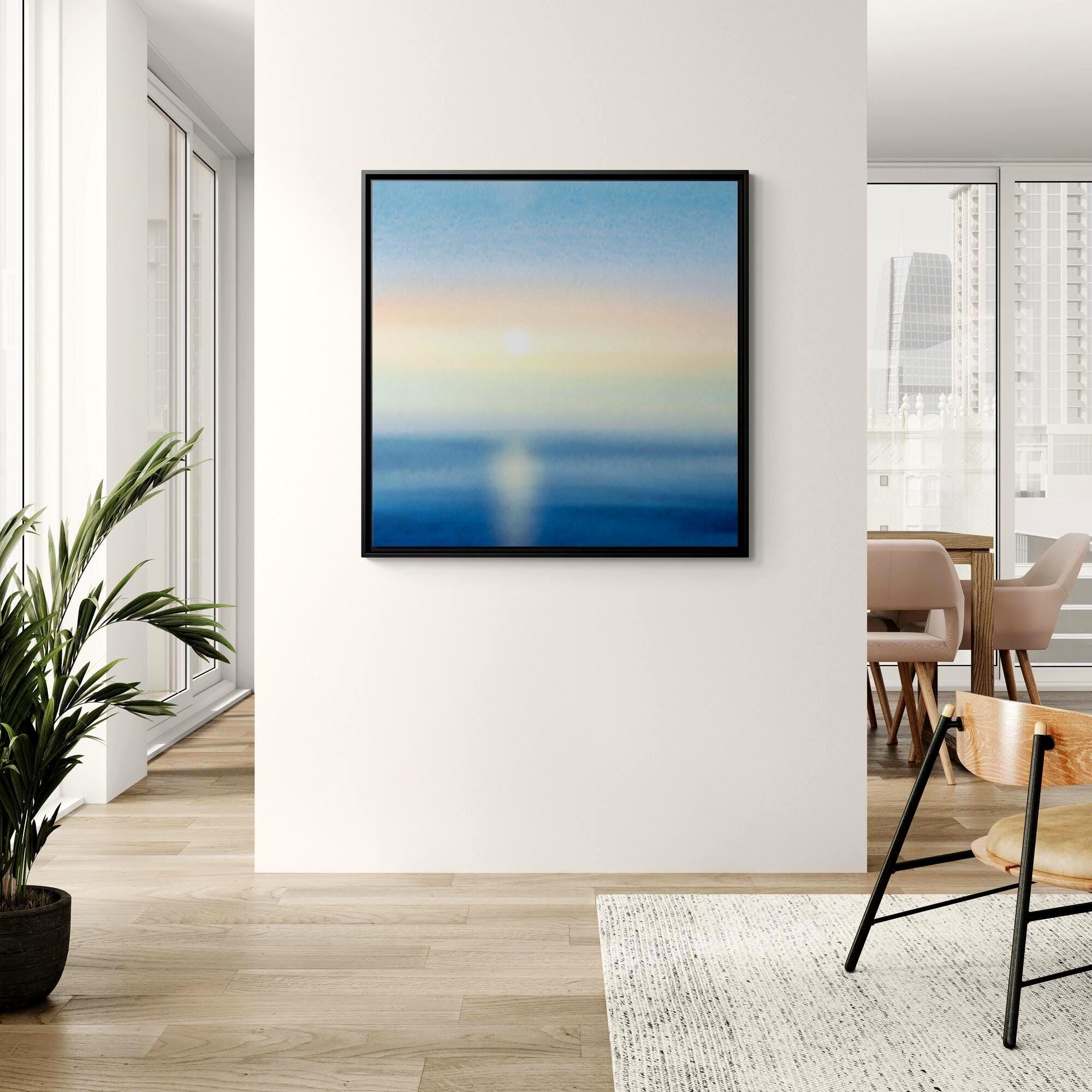 Ocean Sunrise Watercolor Seascape Art - Framed Canvas Wall Art