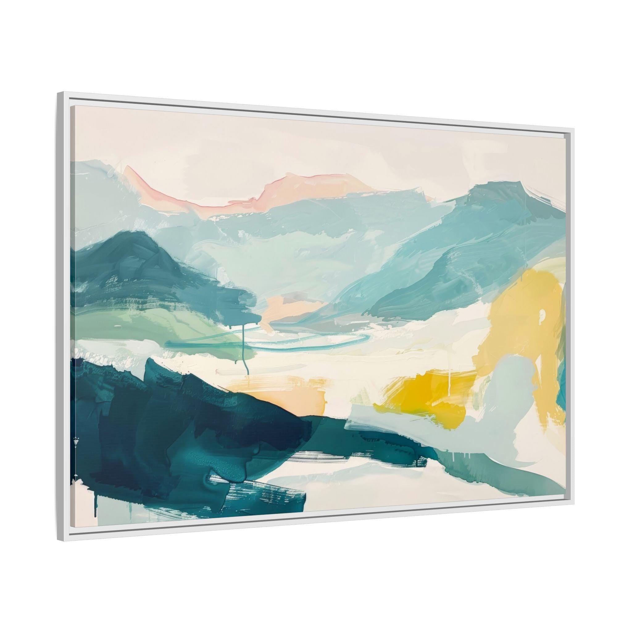 Blue, Teal, and Yellow Abstract Landscape Art - Framed Canvas Wall Art